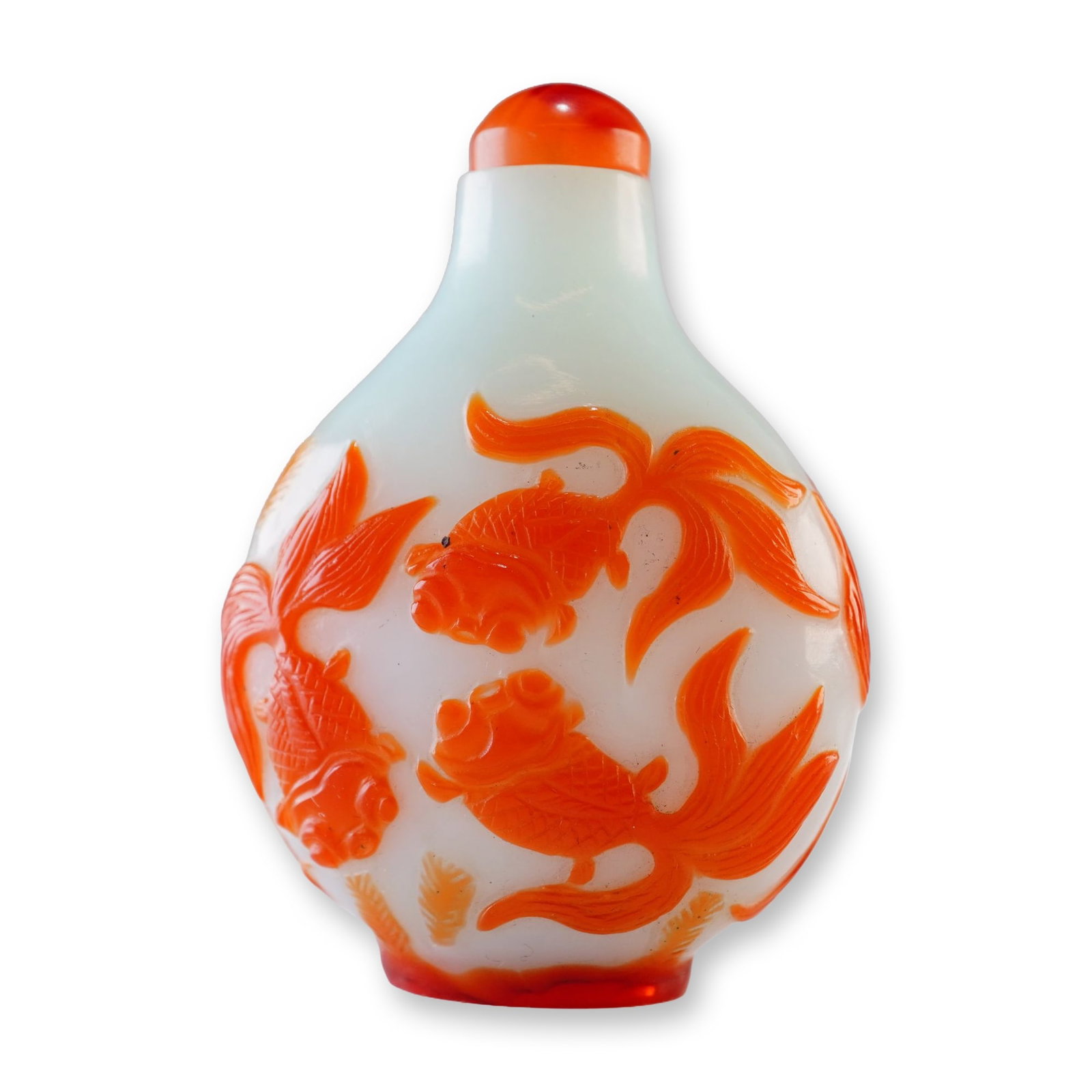 Peking Glass Snuff Bottle, Orange Overlay Gold Fish (1 of 3)
