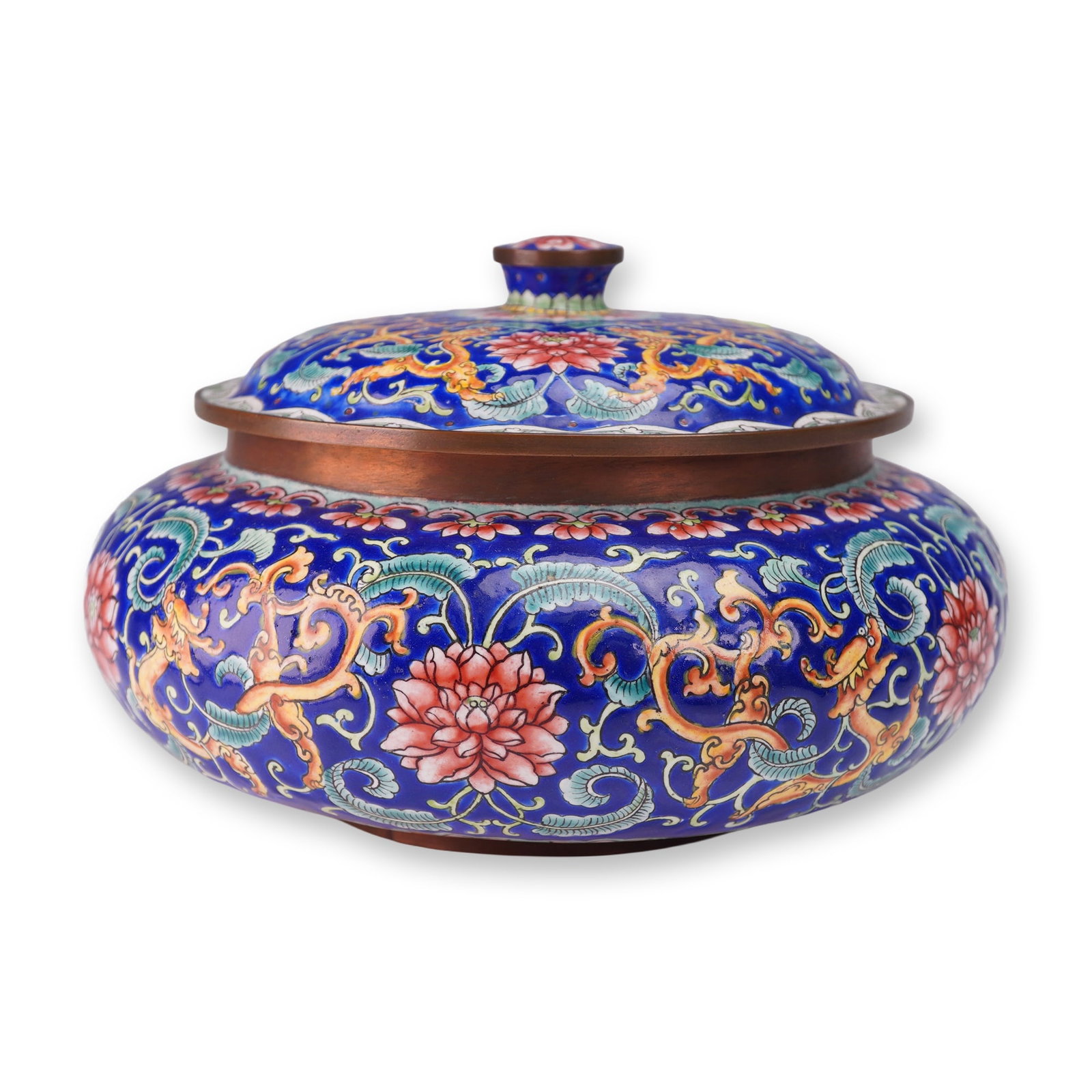 2pc Chinese Canton Enamel Vanity Box with Lid: The circular box is decorated with polychrome floral and vine patterns on a blue ground, featuring pink lotus blossoms, scrolling foliage, and stylized dragons in yellow and orange tones. The lid is s