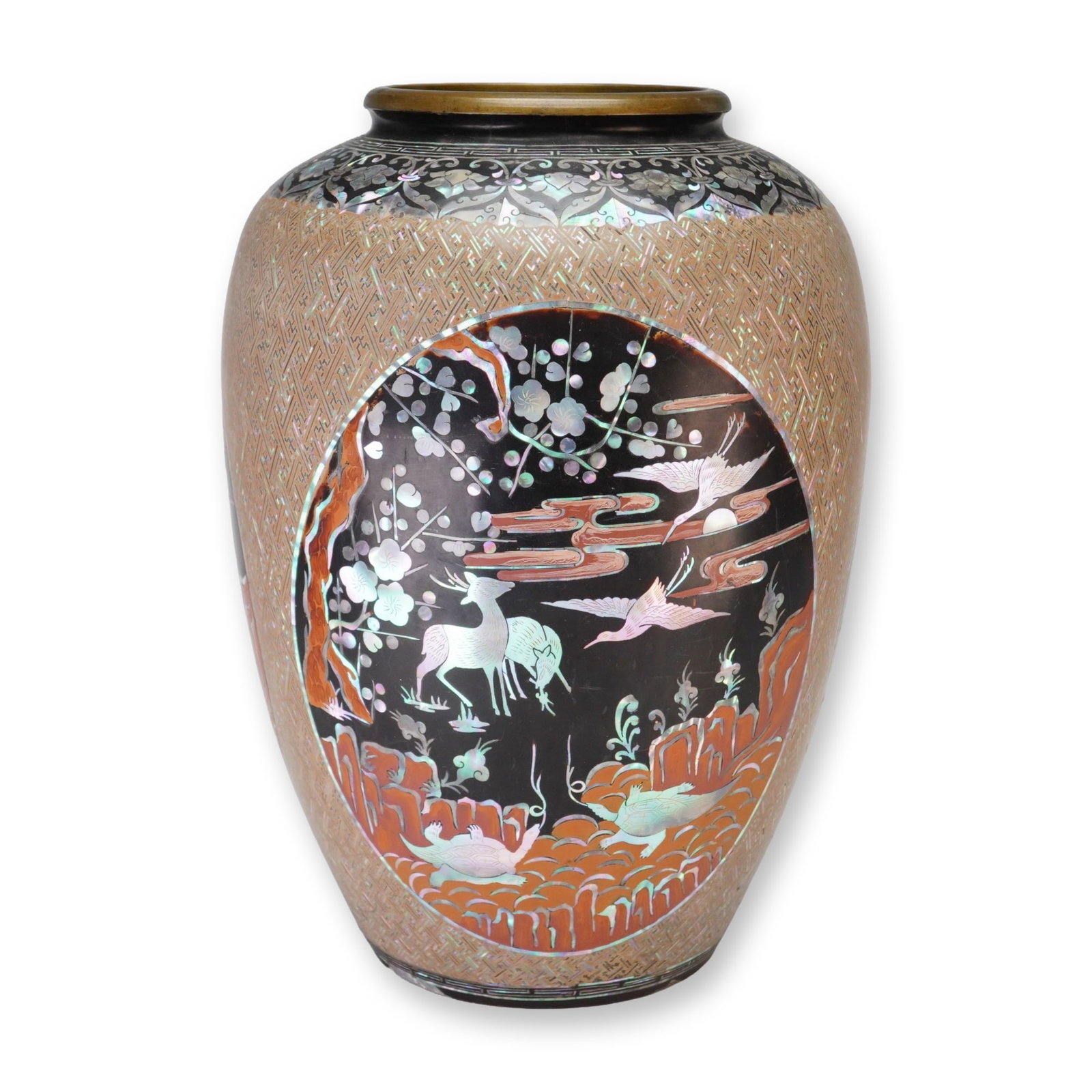 Korean Bronze, Lacquer and Mother-of-Pearl Inlay Vase, Deer, Cranes, and Turtles: This Korean bronze vase features lacquer and mother-of-pearl inlay, showcasing deer, cranes, and turtles, accented by flowers and geometric patterns. Dimensions: 8"W x 11.5"H Weight: 6 lbs 1 oz