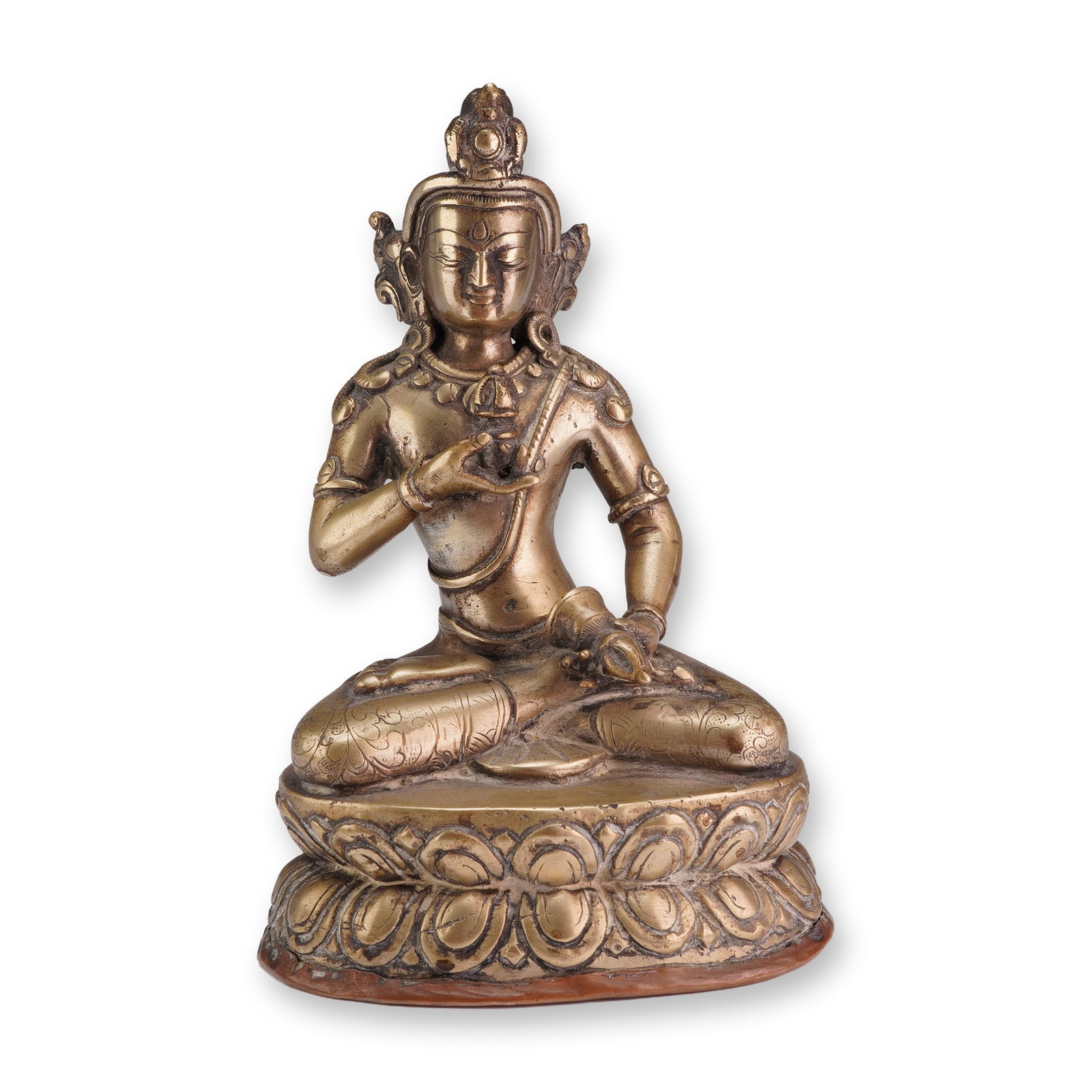 Tibetan Bronze Seated Deity with Dorje: This Tibetan pale gold bronze figure of a deity is seated on a stylized lotus base, holding a dorje in each hand. It bears an engraved design on the base. Dimensions: 4"L x 3"W x 5.75"H Weight: 1 lb 7