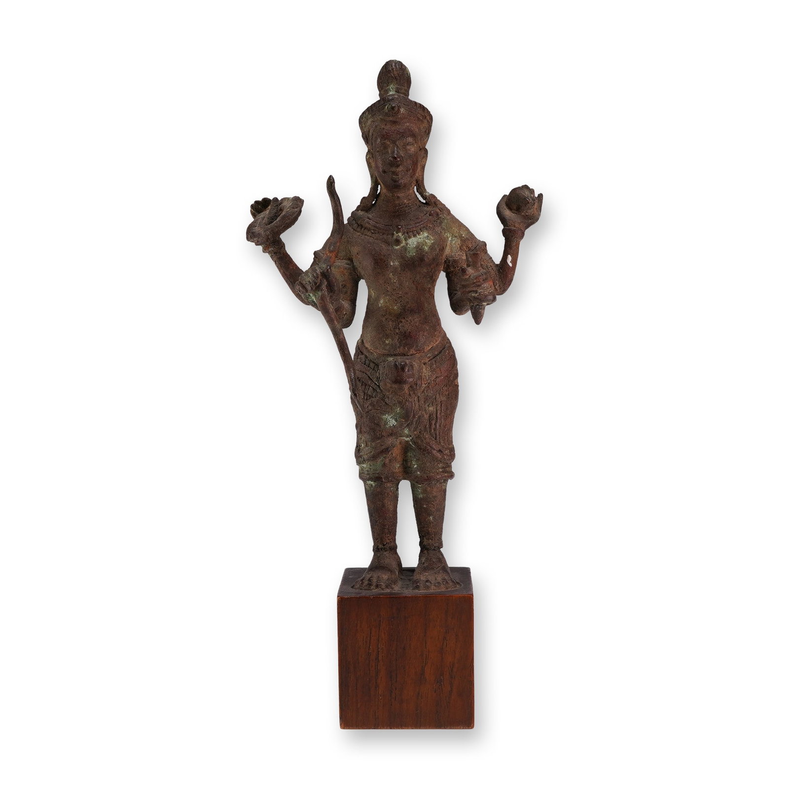 Khmer Bronze Four Armed Figure on Wooden Base (1 of 3)