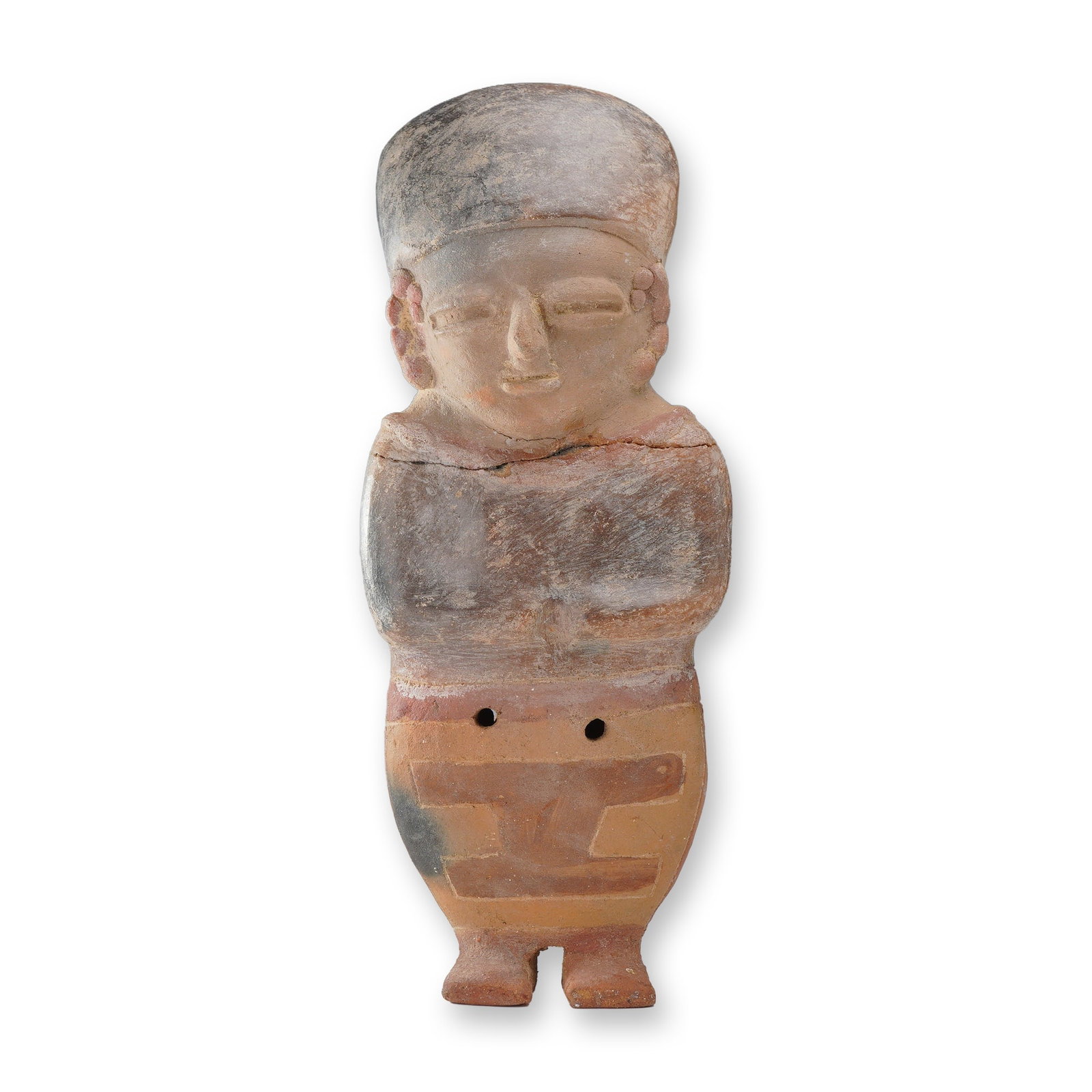 Pre-Columbian West Mexican Ceramic Anthropomorphic Ocarina: Attributed to the Chupicuaro culture of West Mexico, this hollow-formed earthenware figurine functions as a musical whistle or ocarina. The standing figure is modeled with broad shoulders and arms fol