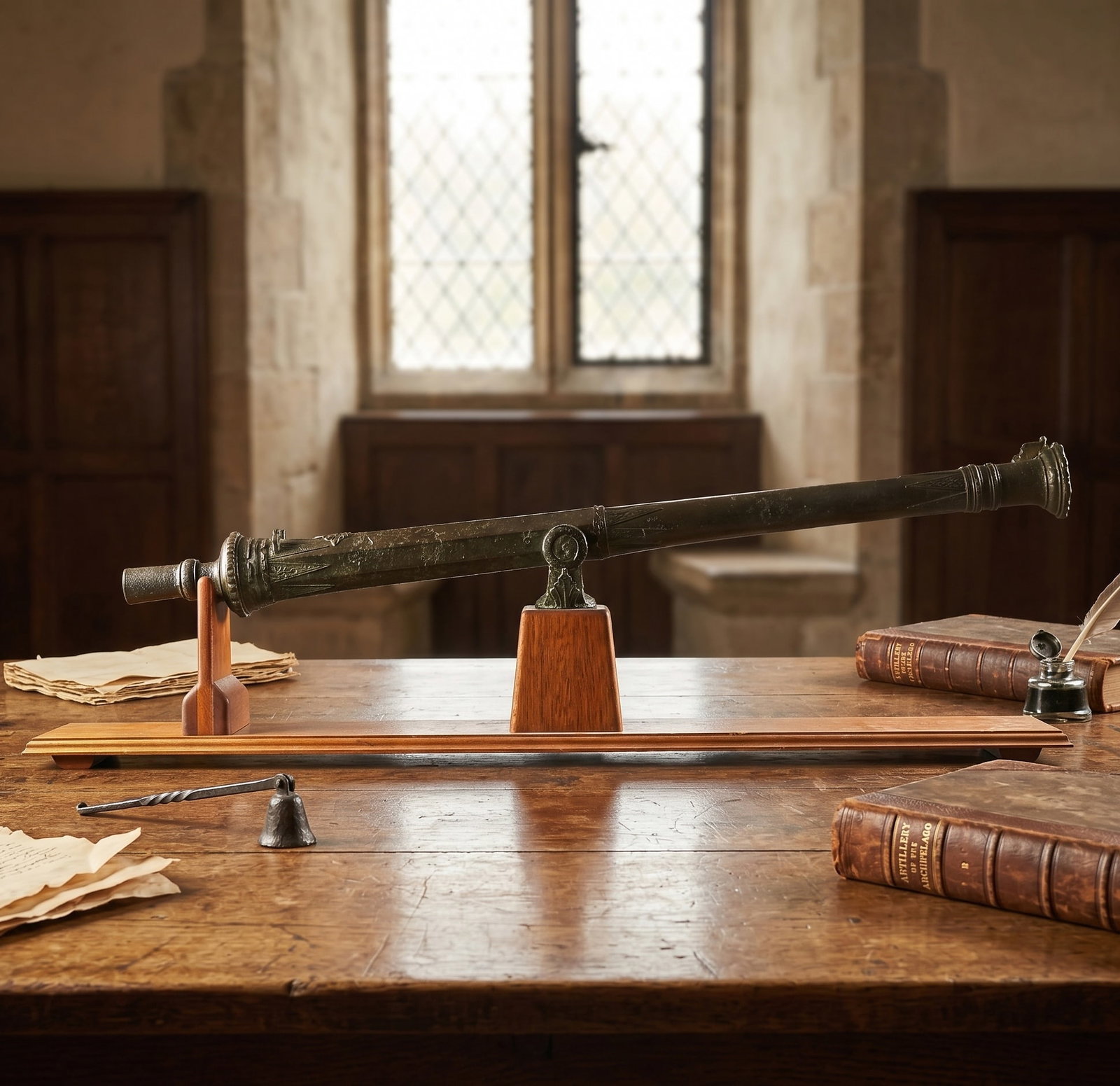 19th C. Bronze Southeast Asian Lantaka Cannon with Distinguished Provenance: This impressive bronze lantaka cannon is a finely cast example of Southeast Asian maritime weaponry, notable for both its craftsmanship and its distinguished provenance. Measuring over four feet in le