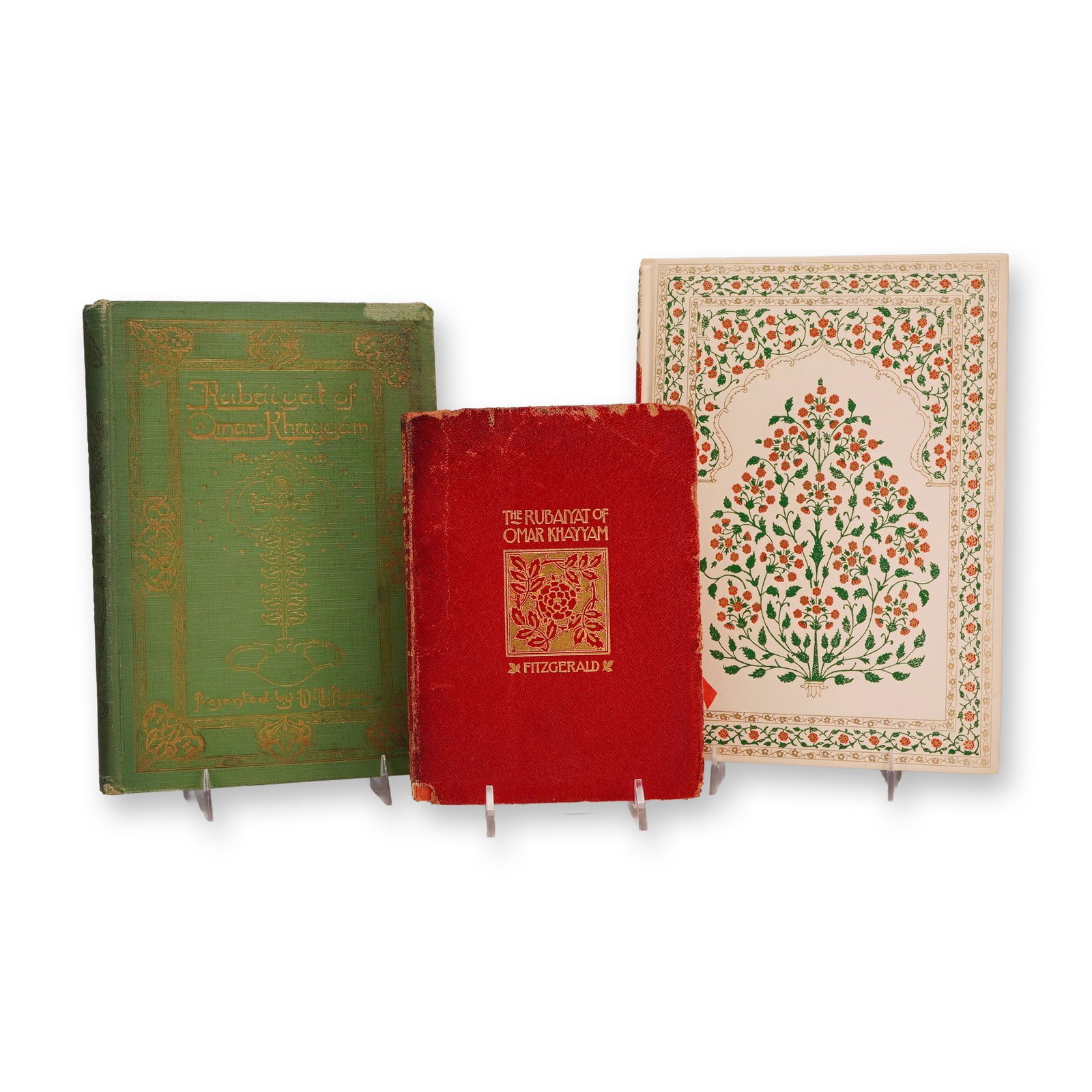 3pc Books The Rubaiyat of Omar Khayyam, Translated by Edward Fitzgerald: This set of three books features the Rubaiyat of Omar Khayyam as translated by Edward Fitzgerald. The collection includes three distinct editions from the mid-20th century. The largest volume is a qua