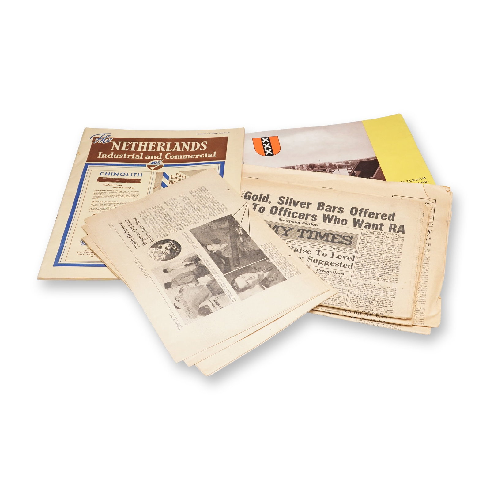 9pc Post WW2 Era Assorted Military Newspapers & Booklet: A collection of nine printed pieces including military-focused newspapers and international publications from the post-World War II period. Titles include Army Times (European Edition), The Stars and