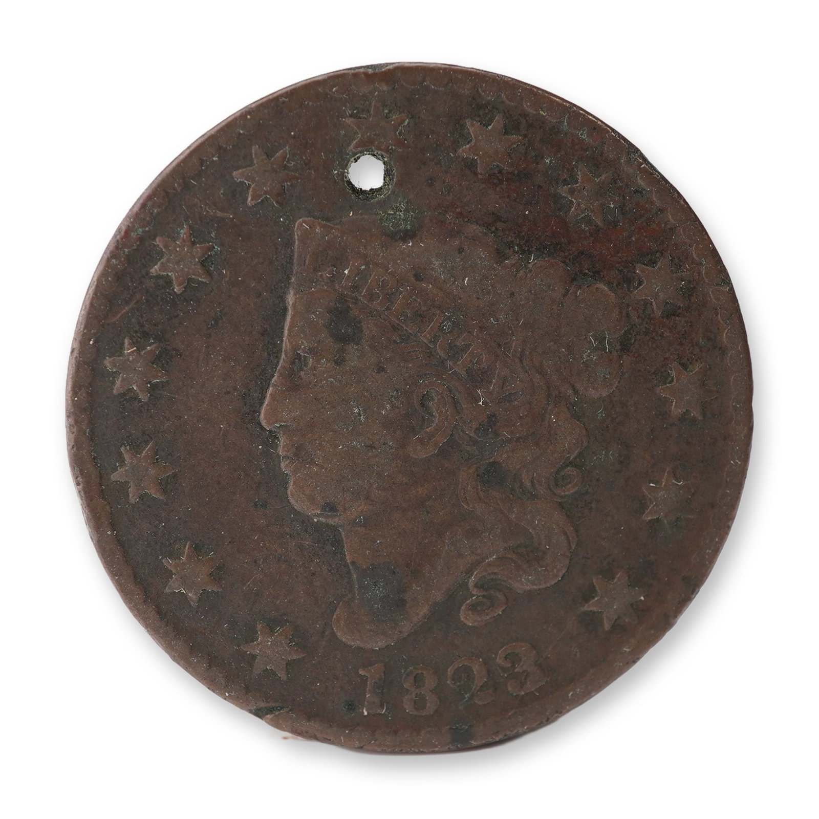 1823-(P) Liberty Head Type 1 Young Head 1 Cent Coin: Features the profile of Liberty facing left on the obverse, surrounded by thirteen stars representing the original colonies, with the inscription LIBERTY and the date 1823 below. The reverse displays