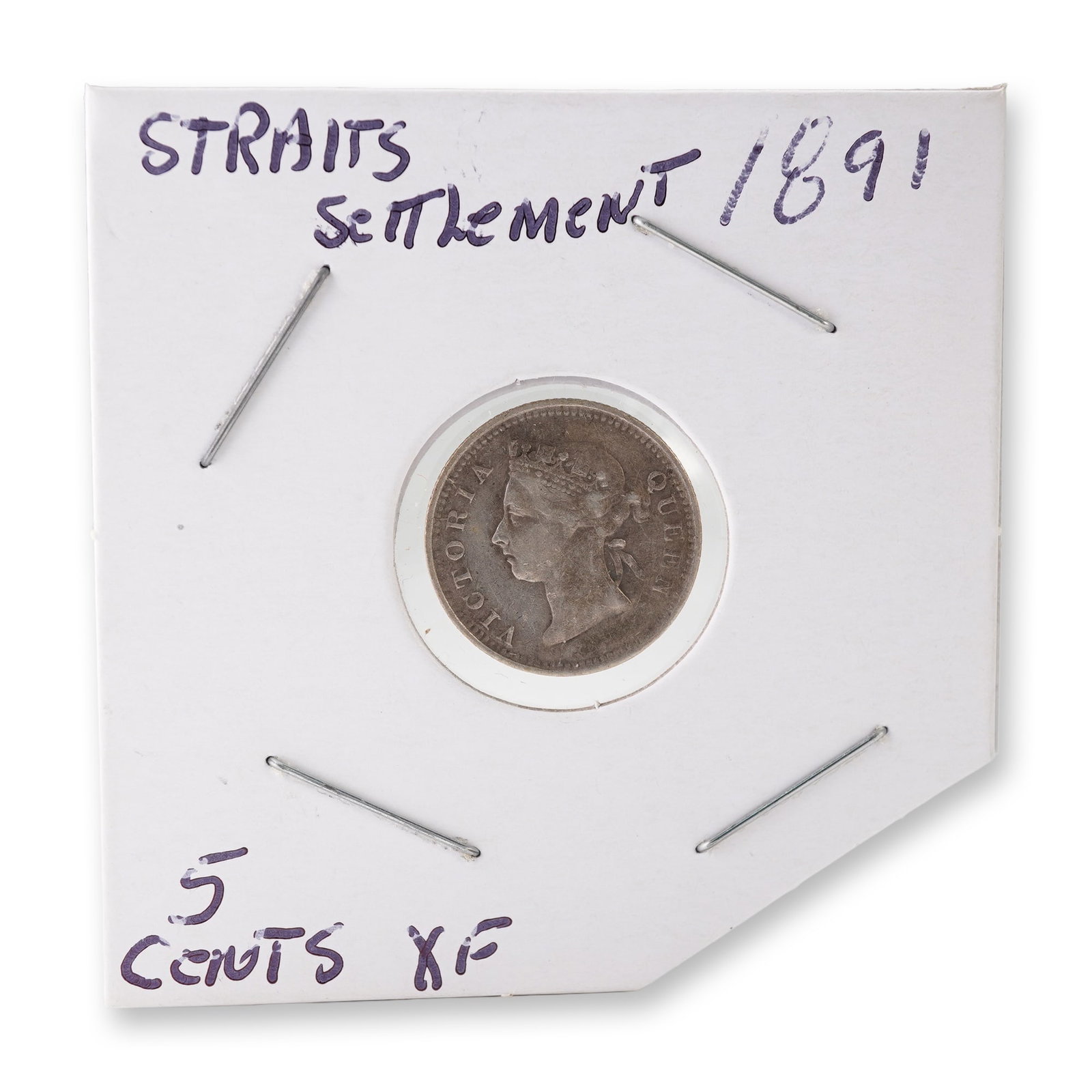 1891 Straits Settlements Five Cents Coin: The obverse features the youthful portrait of Queen Victoria crowned facing left. The reverse showcases the bold central numeral framed by a beaded rim and encircling inscription. Housed in a