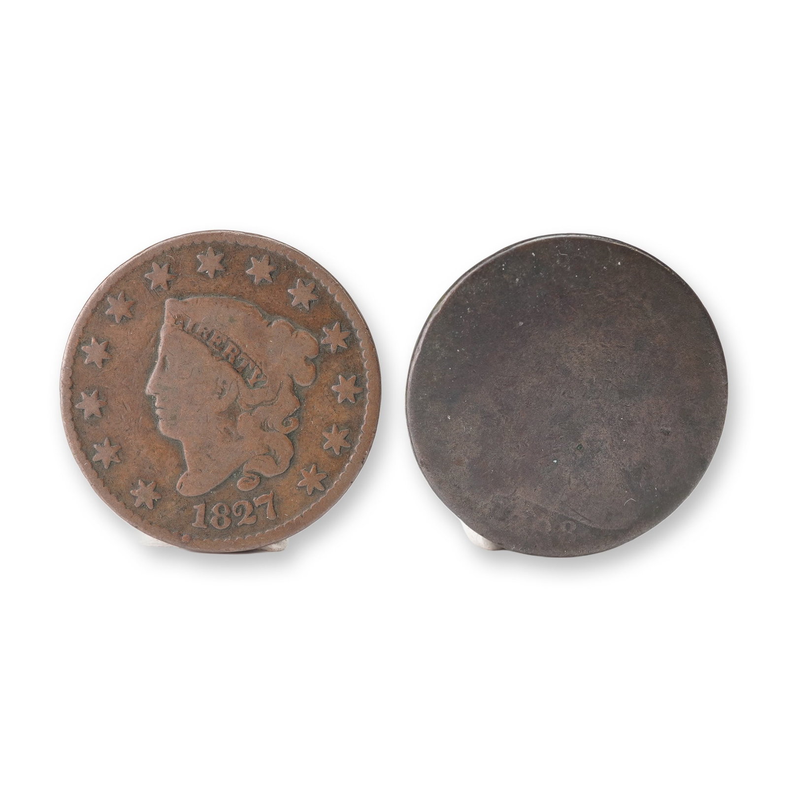 2pc 1798 Draped Bust and 1827 Liberty Head Large Cents: This 2 piece group includes early U.S. large cents from two distinct design eras. The first is a 1798 Draped Bust cent designed by Robert Scot, featuring Liberty facing right on the obverse with the i