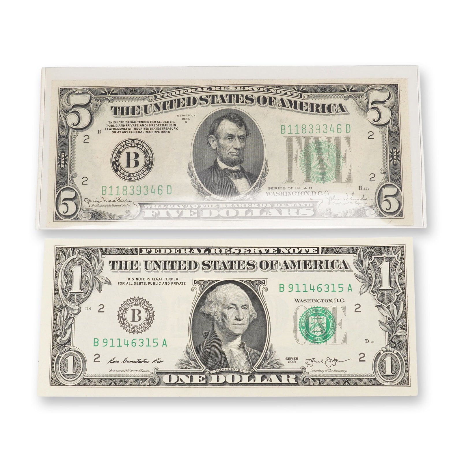 2pc 1934D, 2013 U.S. Federal Reserve One & Five Dollars Note (1 of 3)