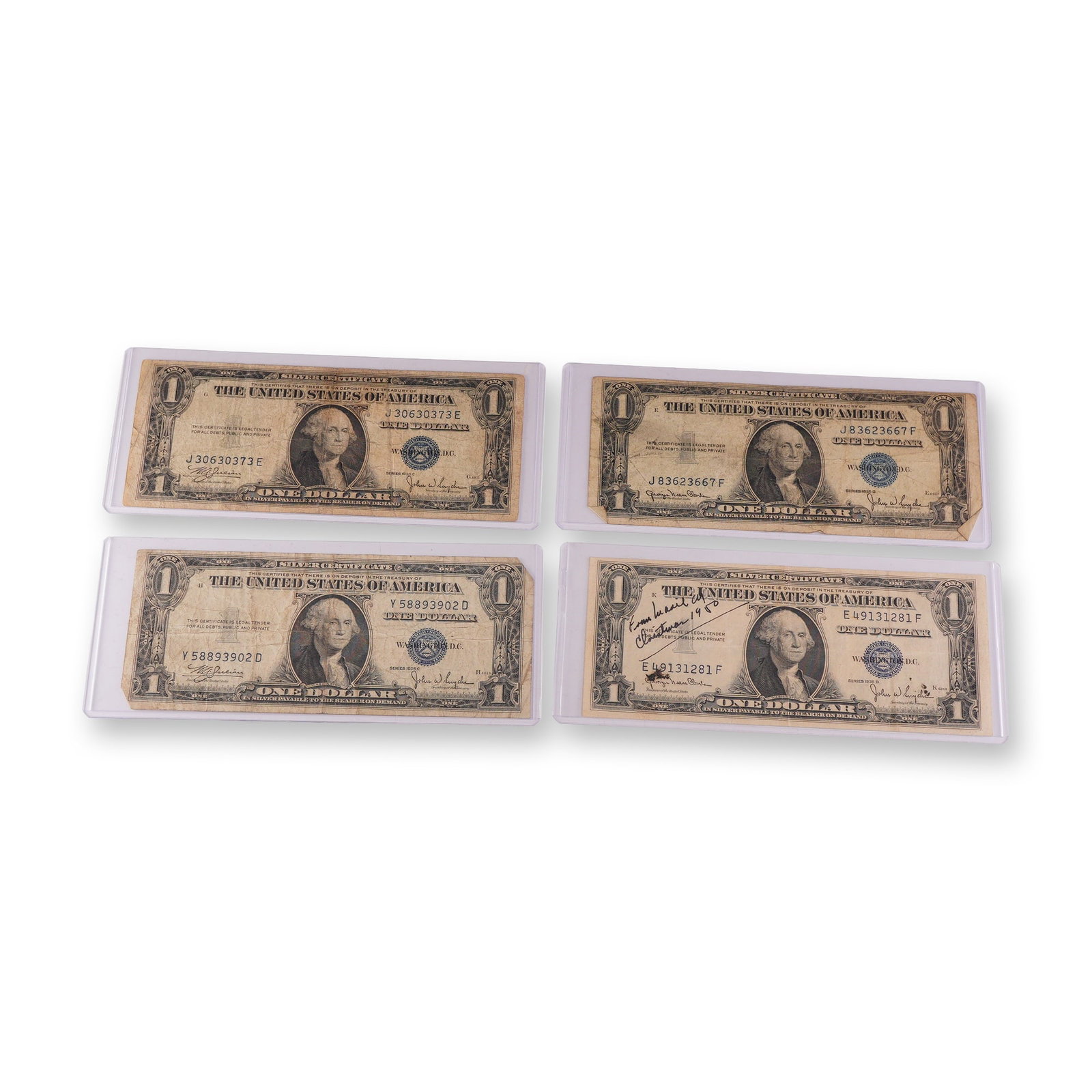 4pc 1935 C,D U.S. Silver Certificate One Dollar Notes: Silver Certificate notes from Series 1935C and 1935D, including two examples of each. Each note features the portrait of George Washington at center, blue Treasury seal and serial numbers, and the leg