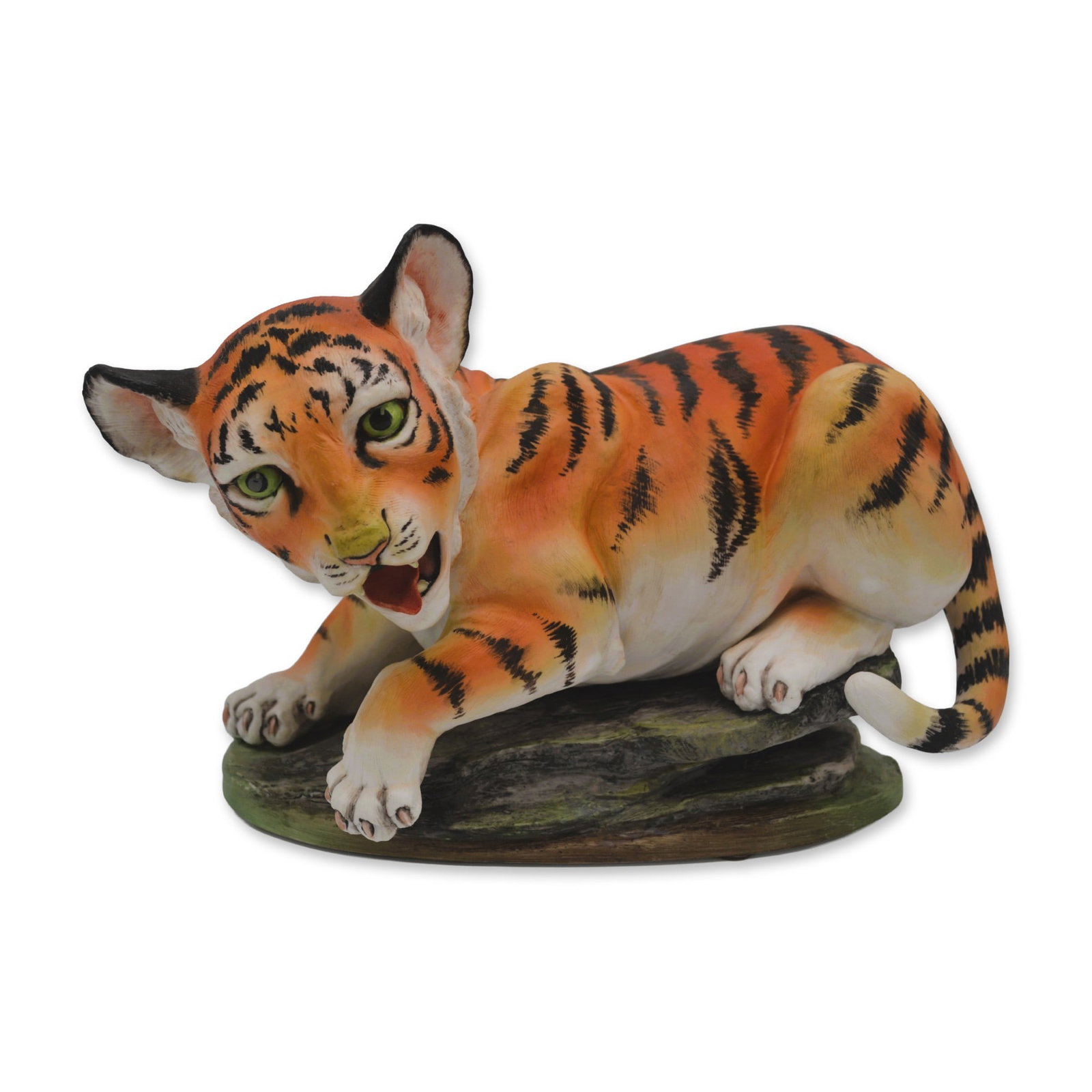 Boehm Porcelain Tiger Cub Sculpture, 1975, Rare: Bisque Porcelain Decorated, hand created, hand painted by the Artists of the Boehm Studio in Trenton, New Jersey, USA. Featuring the Tiger Cub Sculpture, Standing on a porcelain rock base. Note the In