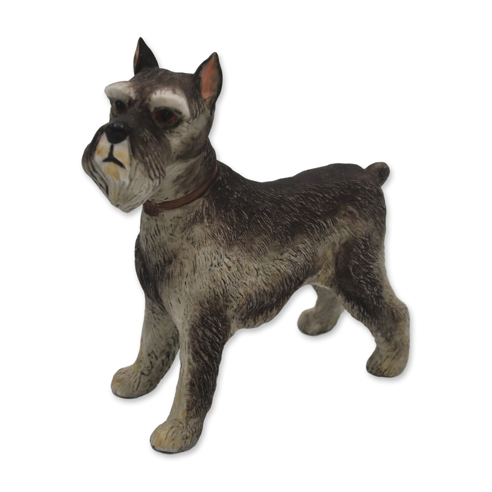 Boehm Porcelain Schnauzer Dog Sculpture, 1980: Bisque Porcelain Decorated, hand created, hand painted by the Artists of the Boehm Studio in Trenton, New Jersey, USA. Introduced in 1980, featuring the Schnauzer Dog Sculpture. Hallmark: 401-44. Edit