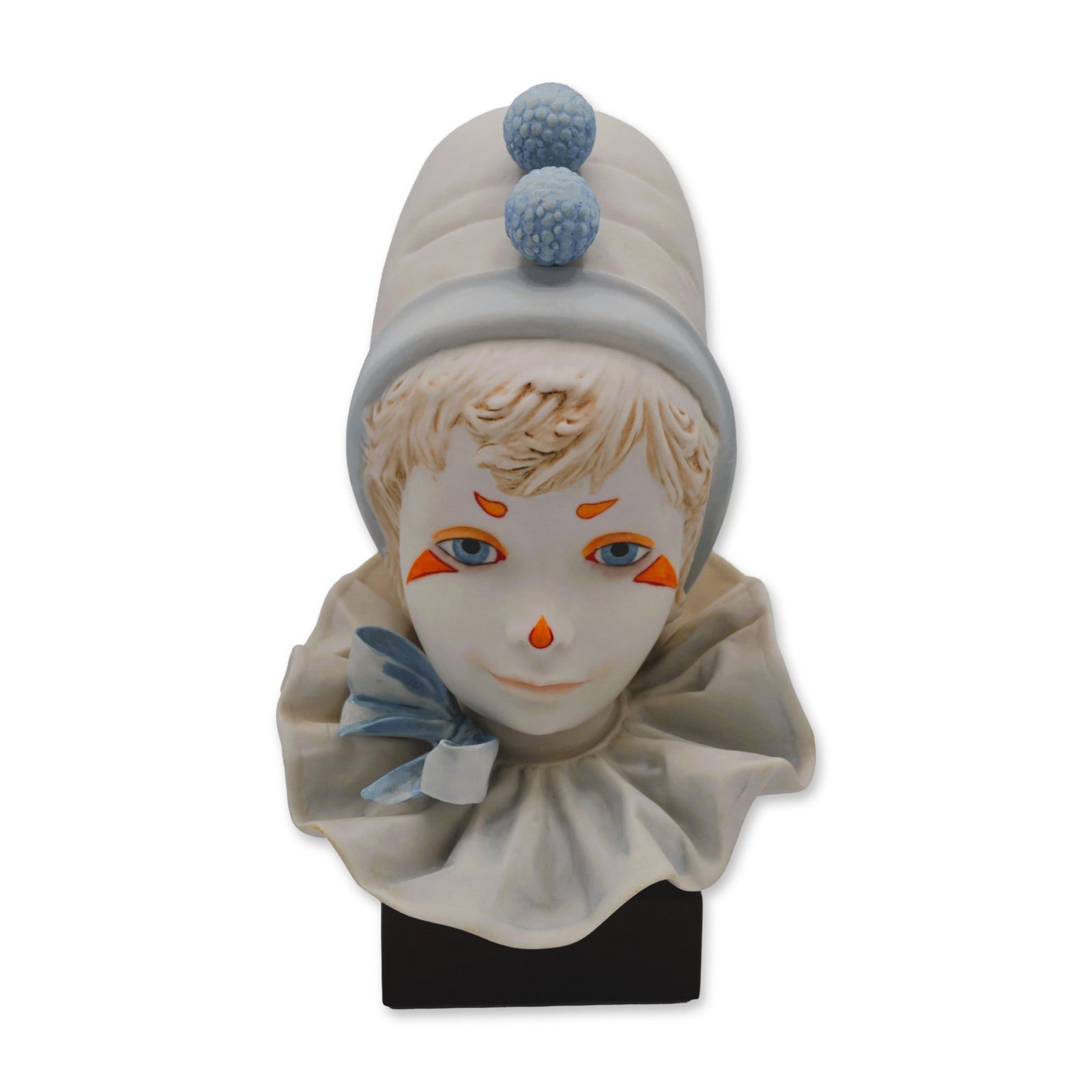 Cybis Porcelain Child Clown Head Funny Face, On Wood Base, 1976: Bisque Porcelain Decorated, hand created, hand painted by the Artisans of the Cybis Studios in Trenton, NJ, USA. Featuring the Sculpture of the Child Clown Head Funny Face on a Wood Base from The Caro