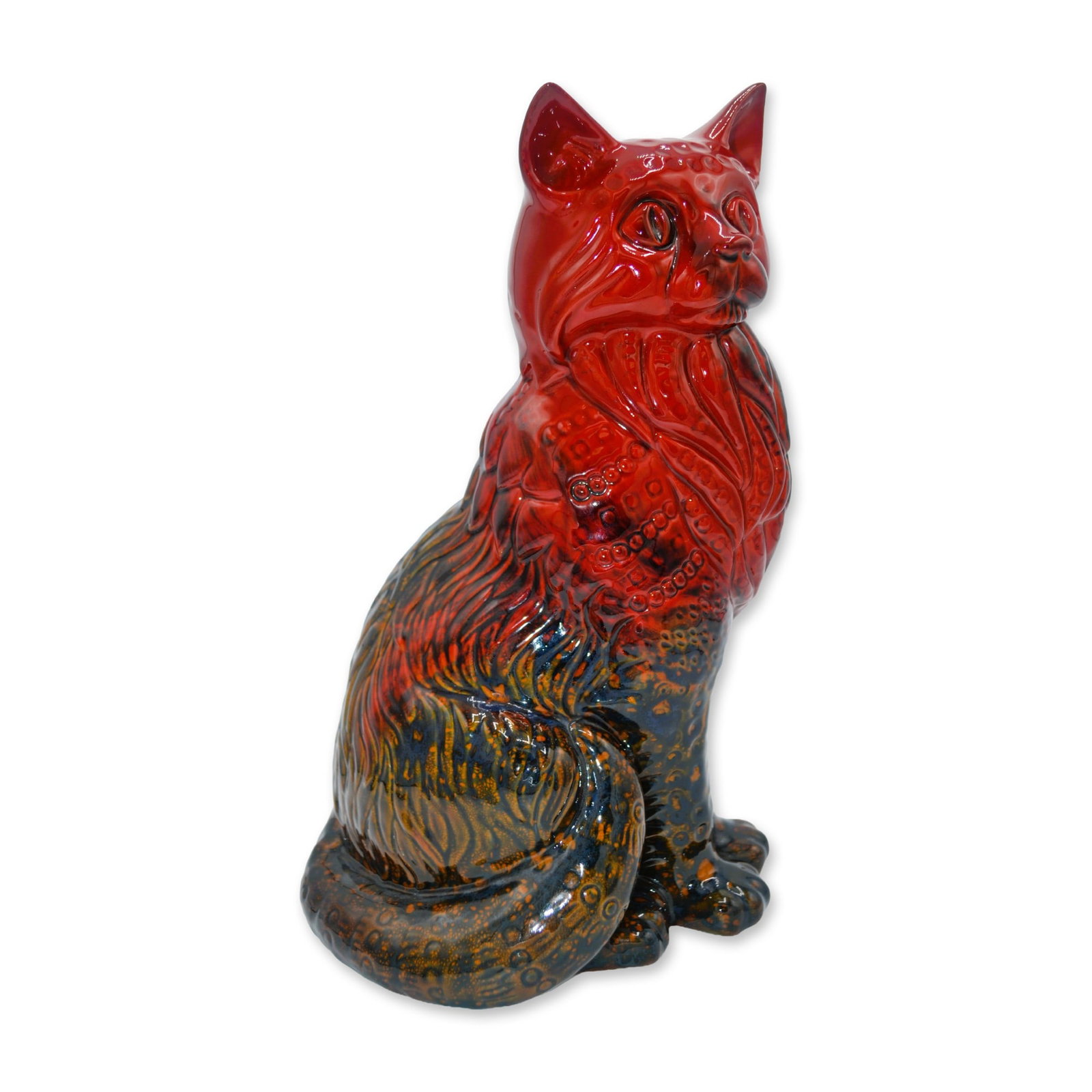 Royal Doulton Large Red Flambe Veined Cat Figurine, 2269: Royal Doulton Large Red Flambe Veined Cat Figurine, Seated. Featuring Model No 2269. A striking Royal Doulton Large Red Flambe Veined Cat Figurine, seated which stands 11"H. Finished in the iconic Fla