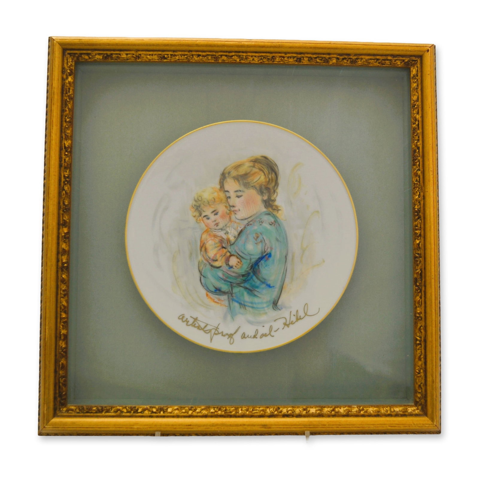 Edna Hibel Original AP And Oil Porcelain Plate, Shadow Box, W/Frame: Edna Hibel Original AP and Oil Porcelain Plate, Shadow Boxed, with Ornate Frame. A unique, Original by Celebrated Artist Edna Hibel, hand created, hand painted on porcelain. An AP and Oil, signed on t