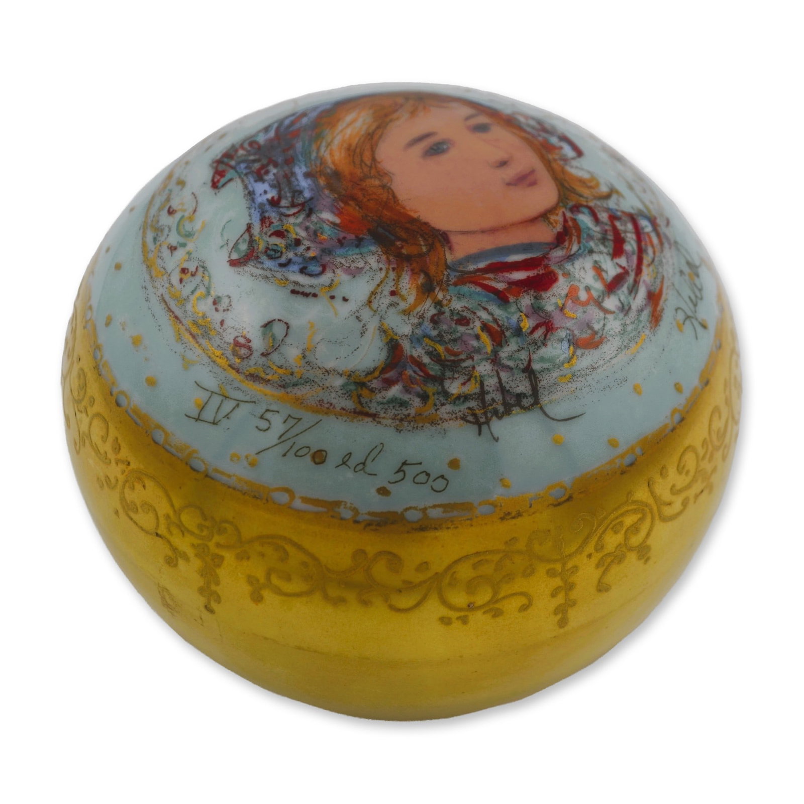 Edna Hibel LE Porcelain Paperweight, Signed, Young Girl Portrait, Vintage (1 of 3)