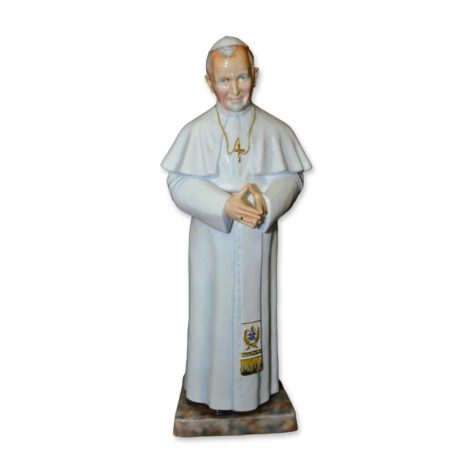 Connoisseur Porcelain Sculpture Pope John Paul II, Commemorating The 25th Year Reign: Fine Bone China, Decorated, hand created, hand painted by the Artists of the Connoisseur Studio in Malvern, England. Featuring Pope John Paul II, standing on a Porcelain Decorated Base Sculpture, Comm