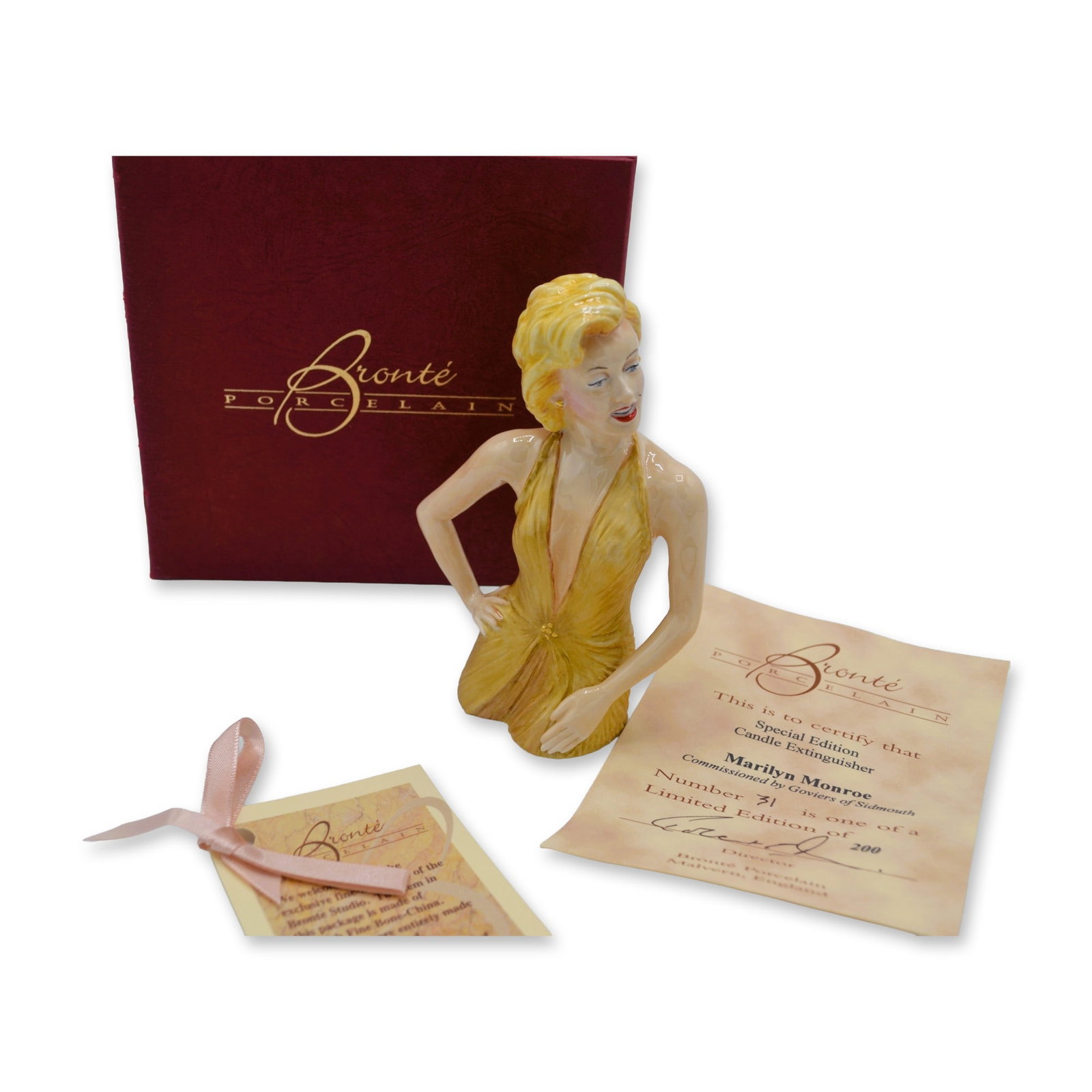 Bronte Porcelain LE Marilyn Monroe Candle Extinguisher, English Fine Bone China, 2010, COA, W/Box: English Fine Bone China, Glazed decorated, hand created, hand painted, this Special Edition Candle Extinguisher was created by the Artiss of Bronte Porcelain featuring Marilyn Monroe. HIghly celebrate