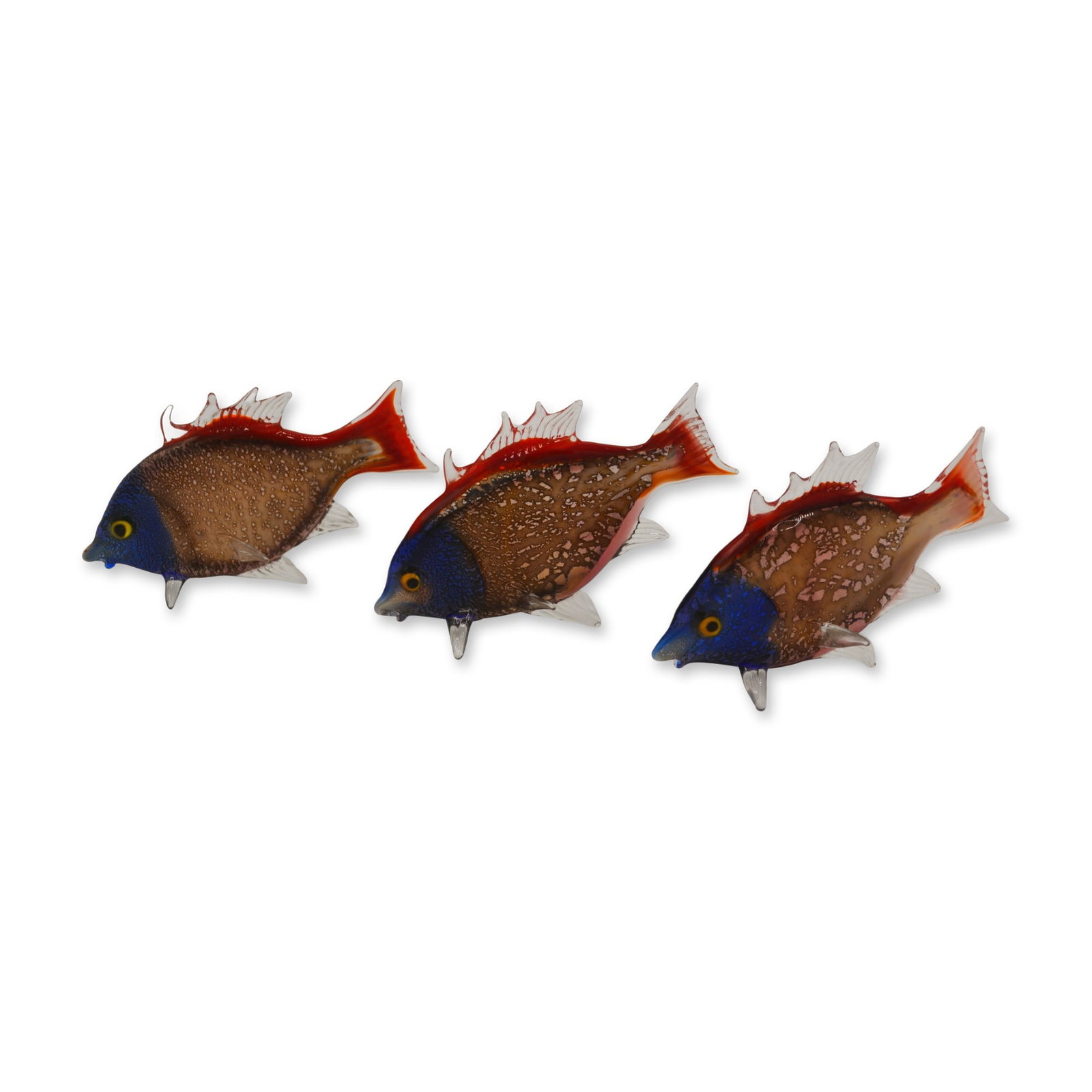 3Pc Murano Art Glass Multi-Color Tropical Fish Collection: Vintage, Handmade, mouth-blown, Red/Blue with mult-shades of colors throughout the Tropical Fish. Hand crafted by the Artisans of Murano, Italy. Size: Approx. 3.5"- 4"W x 1.25" - 2.5"H. Consists of a 