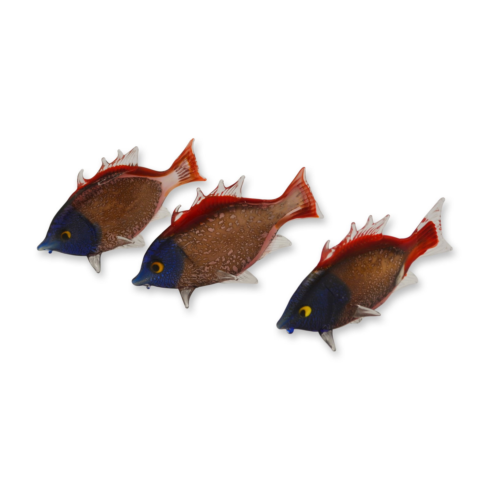 3Pc Murano Art Glass Multi-Color Tropical Fish Collection: Vintage, Handmade, mouth-blown, Red/Blue with mult-shades of colors throughout the Tropical Fish. Hand crafted by the Artisans of Murano, Italy. Size: Approx. 3.5"- 4"W x 1.25" - 2.5"H. Consists of a 