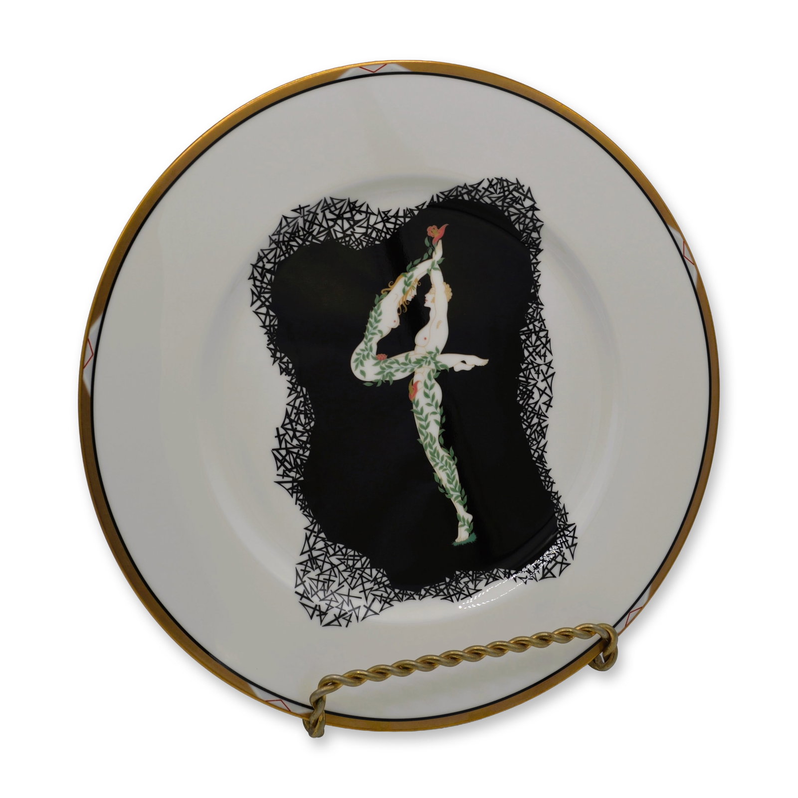 Erte The Numerals 4 Bone China Art Deco Plate, 1988, OB: Erte The Numerals 4 Bone China Service Plate, 12" Diameter. Bone China Glazed, hand created, hand painted Art Deco Collectors Plate designed by the Celebrated Artist Erte. Featuring his famous Numeral