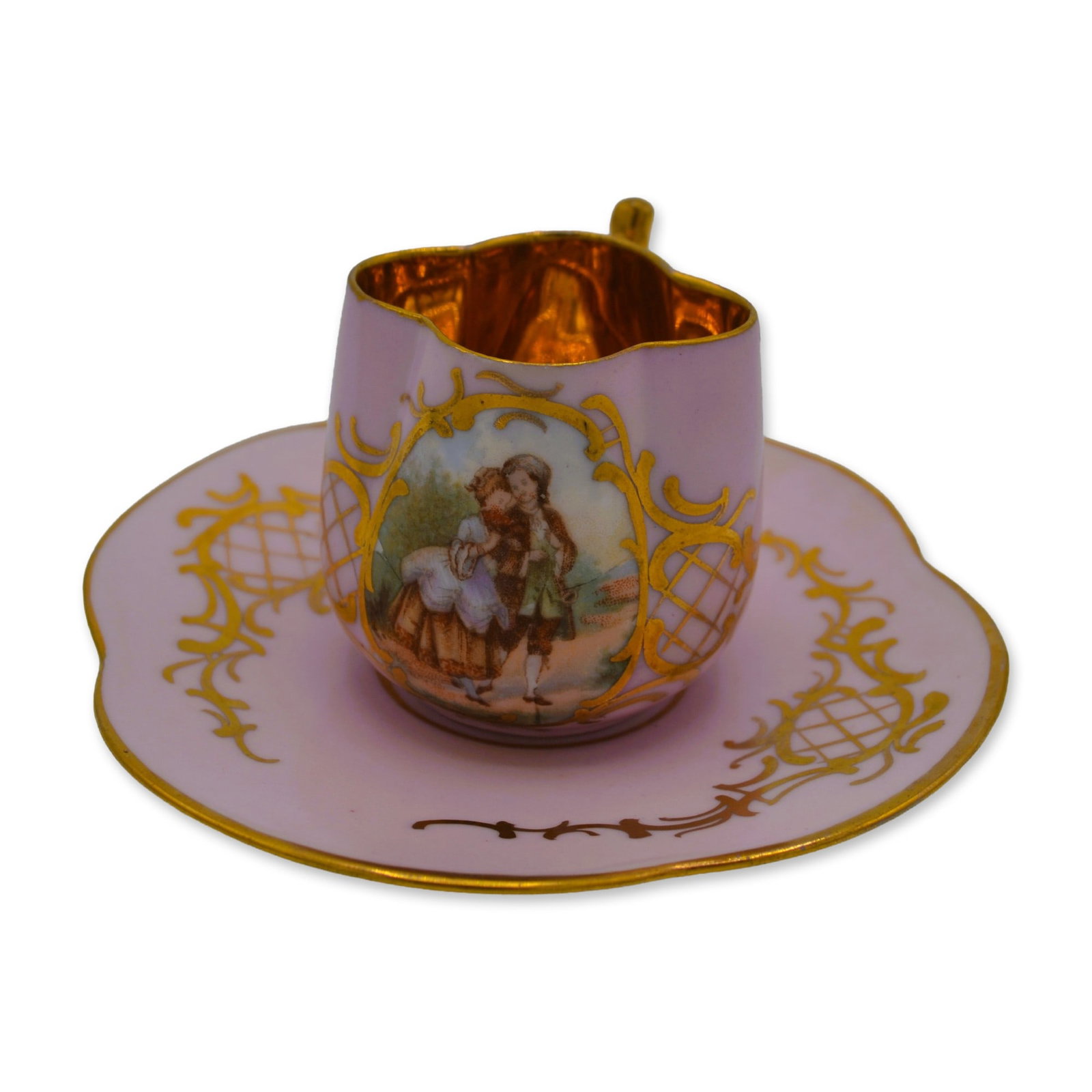 Royal Vienna Porcelain Cup and Saucer, 344 Austria, Blue Beehive, 1890: Glazed Porcelain Decorated, hand created and hand painted by the Royal Vienna Studio Artists. Featuring a Cup and Saucer in the Era of the 1890's, with a Pink Ground, added Gold Accents, with a Floral