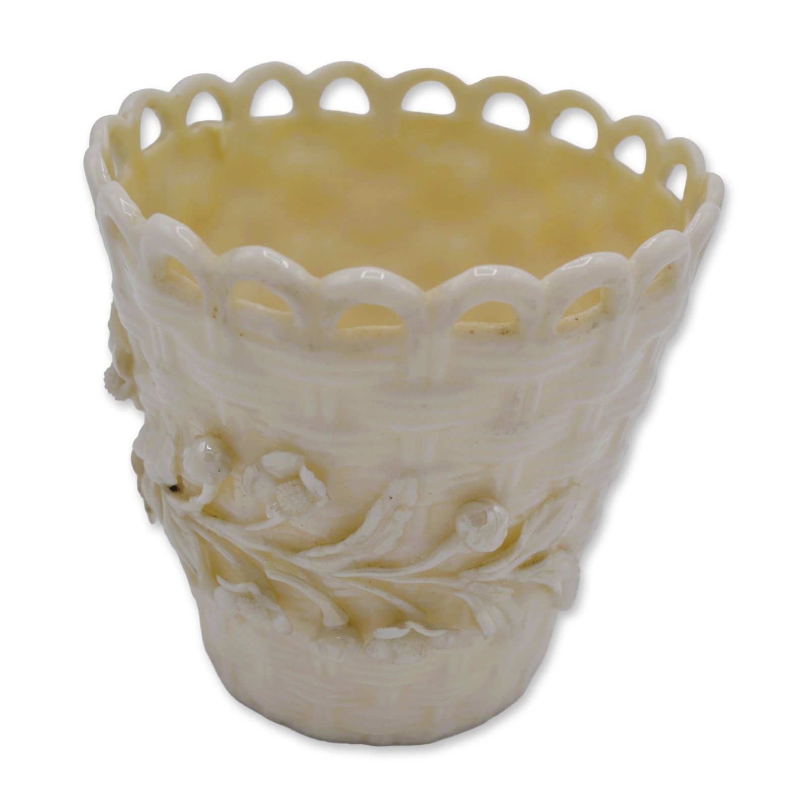 Belleek Porcelain Basket Weave Spill Vase With Florals, Black Mark: Fine Porcelain Ivory Glazed, hand created, hand painted, by the skilled Artists of the Belleek Pottery Studios from County Fermanagh, Ireland featuring this Fine Porcelain Spill Vase in a soft Ivory. 