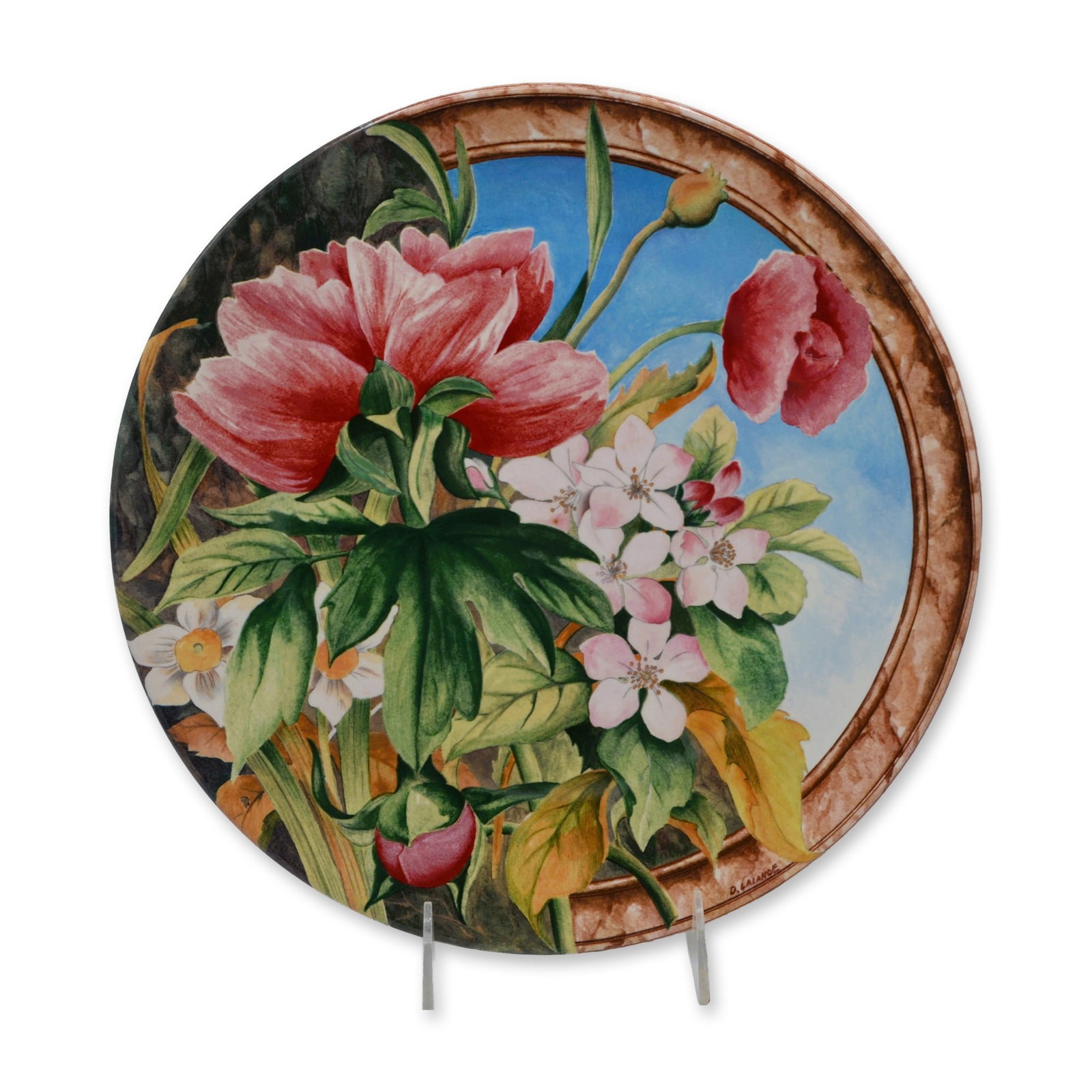 Volupte Flat Round Floral Platter, Gien France, Signed D. Lalance W/Box: Volupte Flat Round Platter, hand made, hand painted, signed by the Artist D. Lalance on the front. Gien France. Featuring Florals of mult-colors, to incude peonies, roses and grape hyacinths gathered 