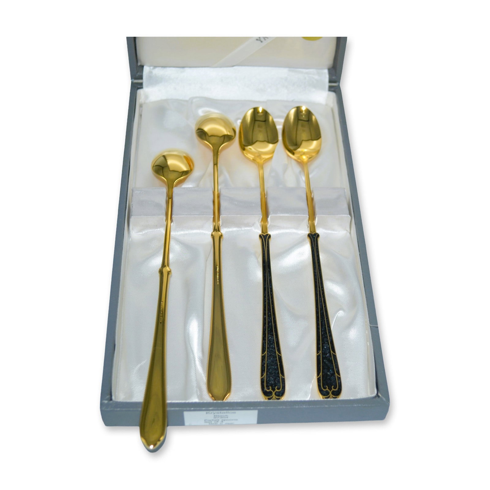 4Pc Yamazaki Krystallos Malachite Parfait Spoons W/Box, 1990s: Yamazaki Krystallos - Malachite Parfait Spoons. Four (4) Pieces, Custom Boxed. Featuring an 8.25"Long Stainless Gold Plated Parfait Spoon with a Malachite Base. Made in Japan. Beautiful style, form an
