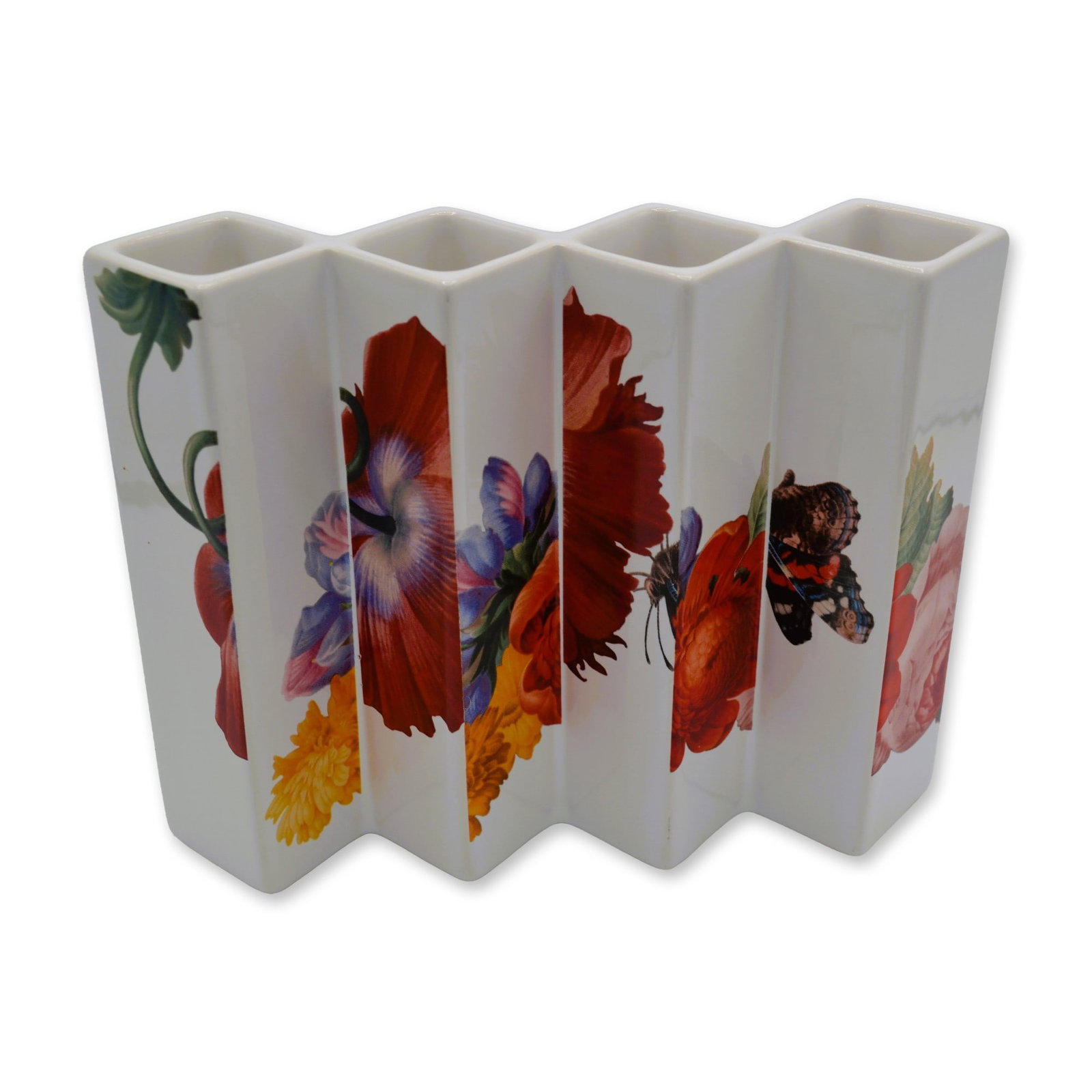 Royal Goedewoagen Porcelain Paul Baars Design Floral Four Tulips Vase, Netherlands, Ruks Museum: Royal Goedewoagen Porcelain Four Tulips Floral Vase, Hand made in the Netherlands, Royal Goedewoagen, since 1610 featuring a Floral pattern of beautiful Flowers and Butterflies in vivid colors on an I