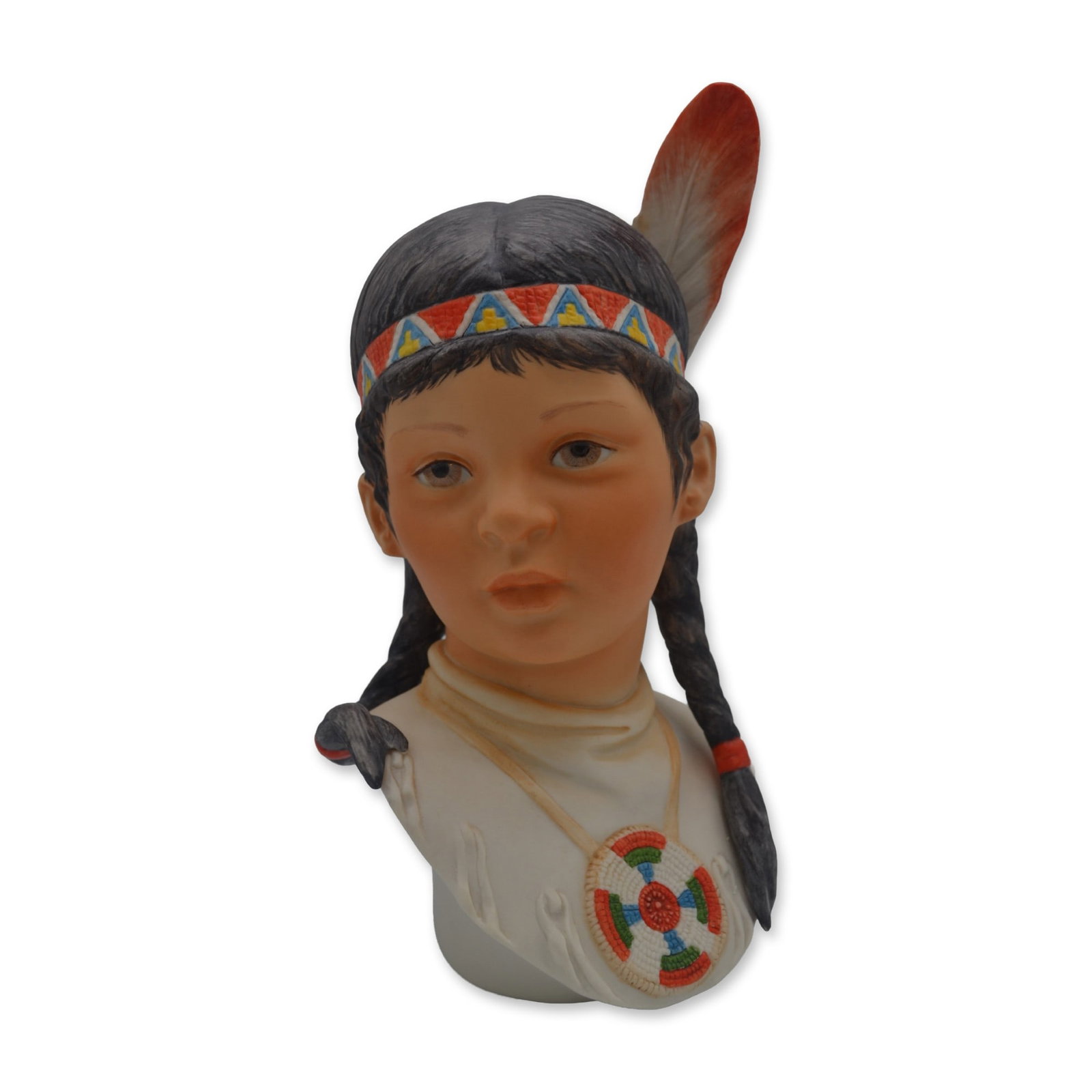 Cybis Porcelain Figurine Indian Girl Head "Running Deer," 1975: Bisque Porcelain Decorated, hand created, hand painted by the Artisans of the Cybis Studio in Trenton, NJ, USA. Featuring the Head Bust Model of the Indian Girl "Running Deer" from the Children of the