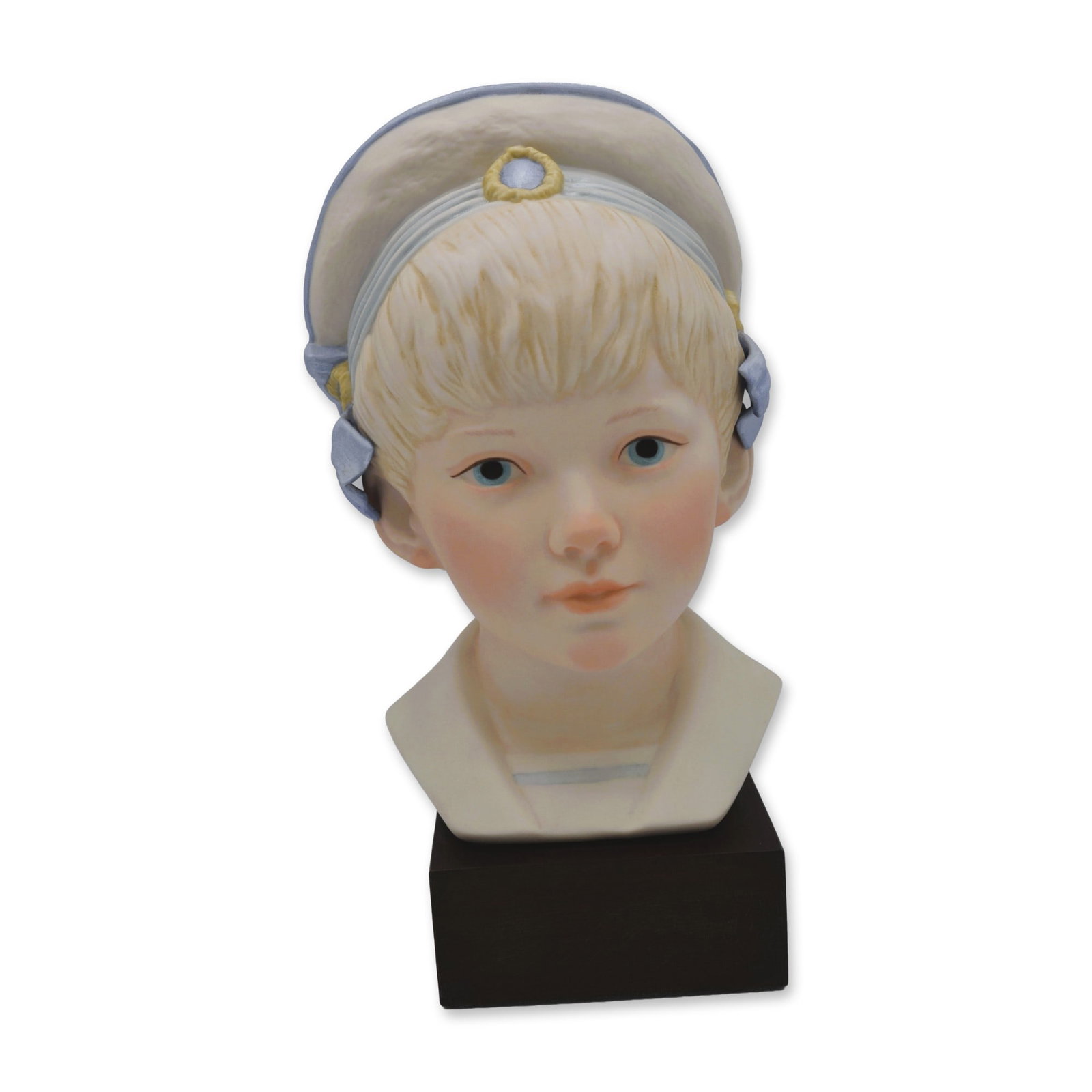 Cybis Porcelain Figurine Edward Bust On Wood Base, 1981: Bisque Porcelain Decorated, hand created, hand painted by the Artisans of the Cybis Studio in Trenton, NJ, USA. Featuring the Head Bust Model of "Edward" from the Children to Cherish Collection. Hallm