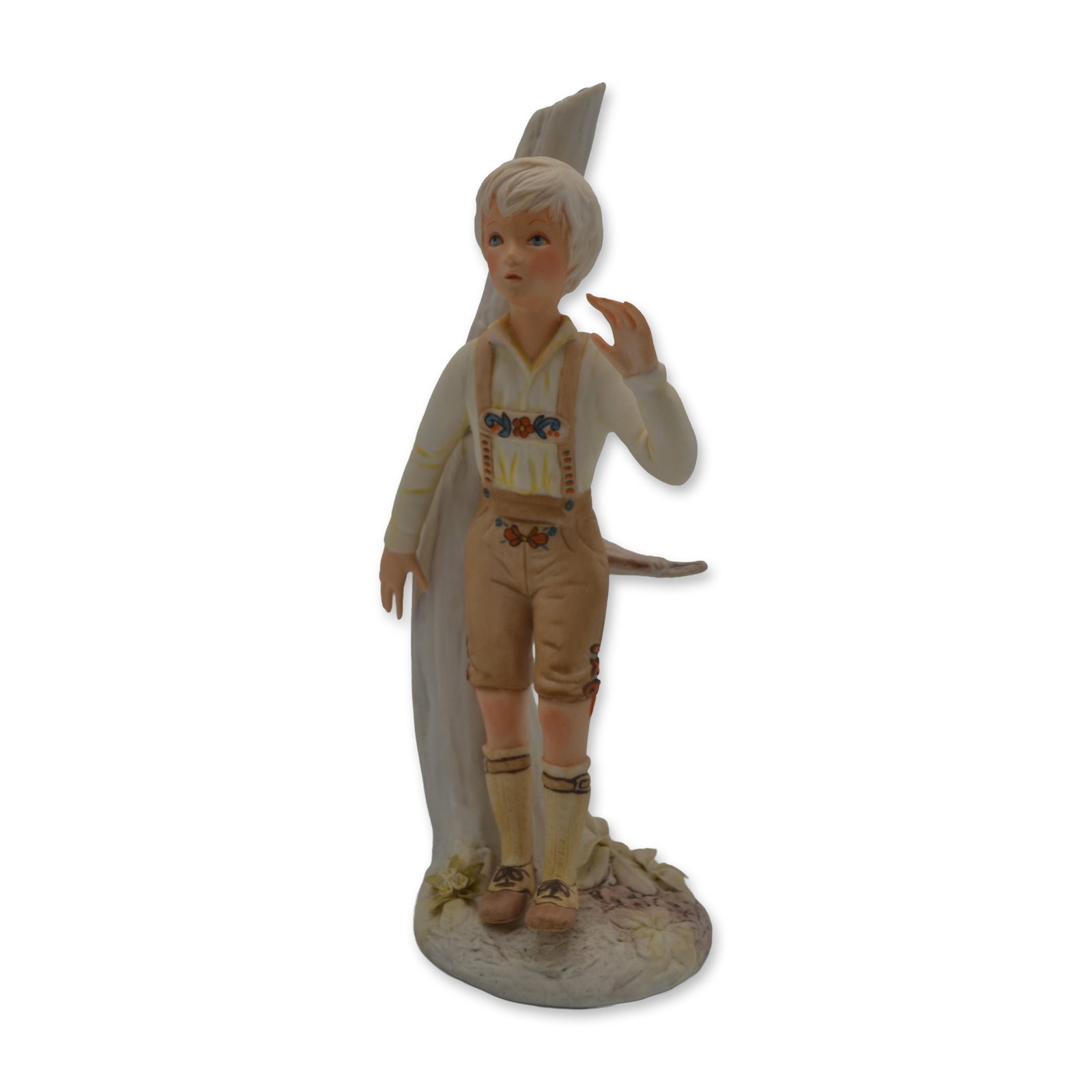 Cybis Porcelain Figurine Hansel, 1974: Bisque Porcelain Decorated, hand created, hand painted by the Artisans of the Cybis Studio in Trenton, NJ, USA. Featuring the Sculpture of "Hansel" from the Children to Cherish Collection. Hallmark: 4