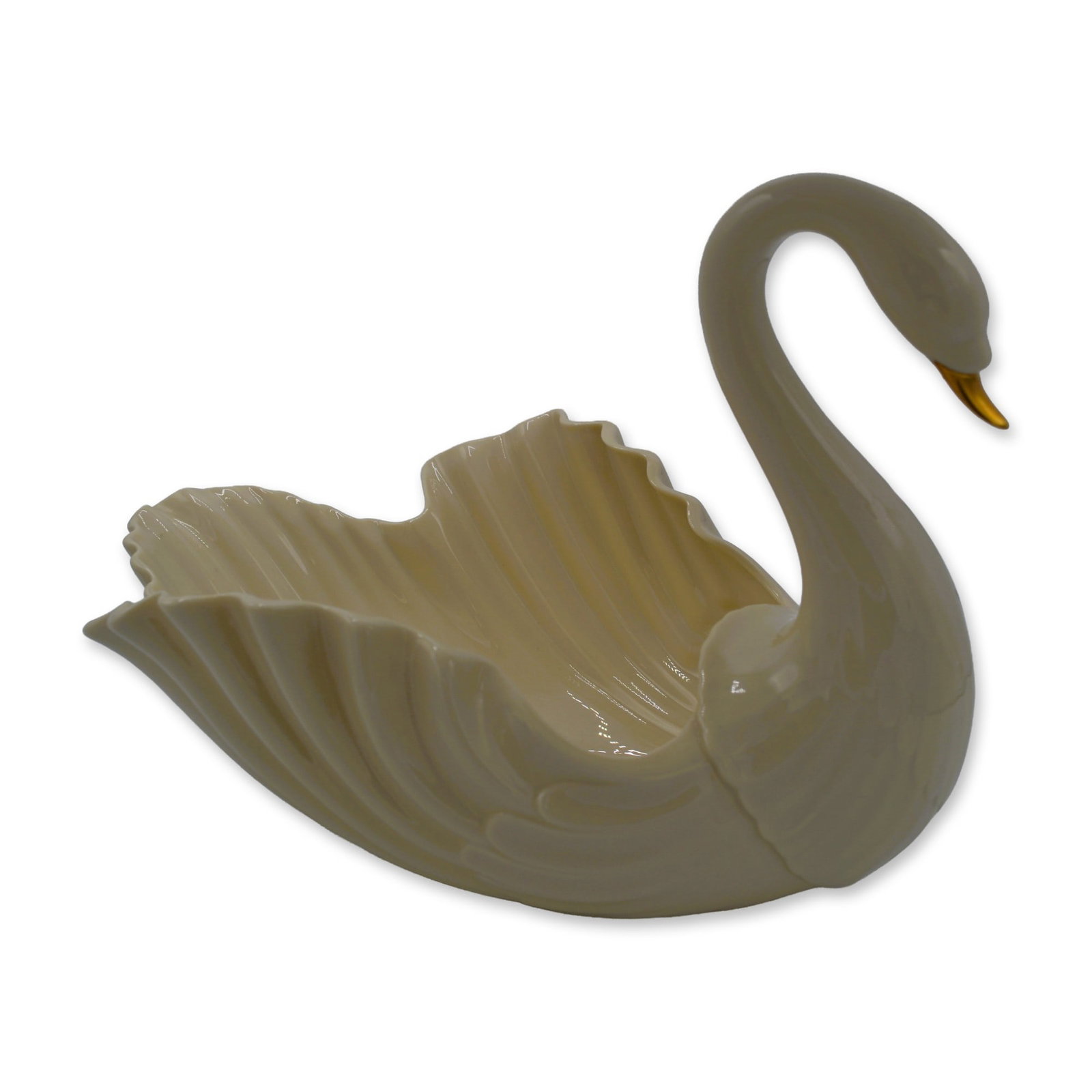 Lenox Porcelain Millenium Swan Centerpiece W/24K Gold Applied, 2000: Porcelain Decorated, Glazed, Ivory ground, with 24K Gold Trim, hand created, hand painted by the Artists of the Lenox Porcelain China Studios. Featuring a Special Millenium Swan Figurine Centerpiece, 