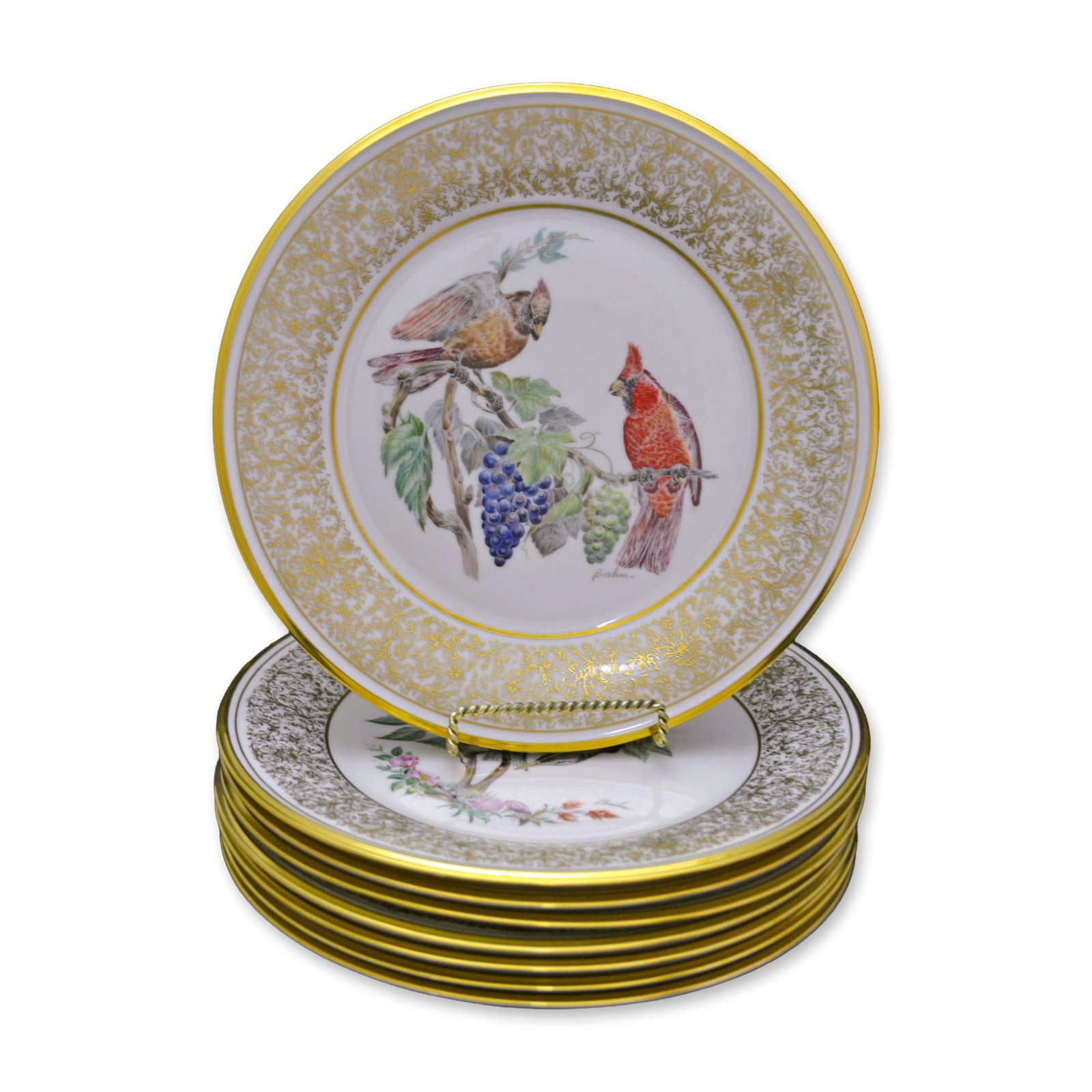 8Pc Lenox/BoehmPorcelain LE Bird Plate Collection, W/Boxes: Glazed Porcelain Decorated, created by the E. M. Boehm Studios and Lenox Porcelains, Trenton, NJ. Each 10.50" Dia with an Ivory Ground, Gold Filigree Border, approx. 1.50"W and featuring the following