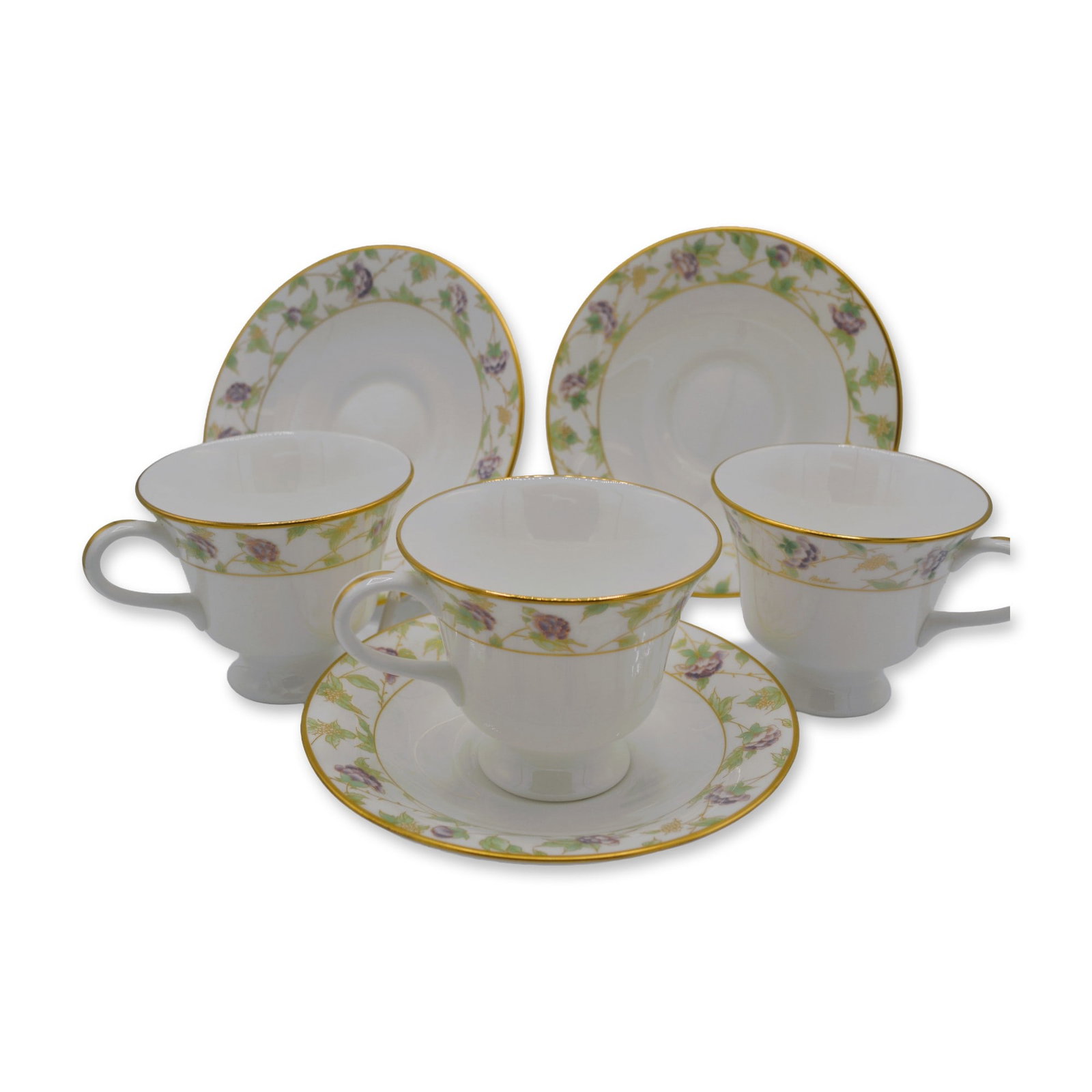 6Pc Boehm Porcelain Fine Bone China Glazed Purple/White Flowers Cups & Saucers Set: 6Pc Boehm Porcelain Fine Bone China Glazed Purple/White Flowers Cups and Saucers Set. Hand made, hand painted by the Artists of the Boehm Studios. Glazed Decorated featuring Pattern, BOE 1, a Six (6) 