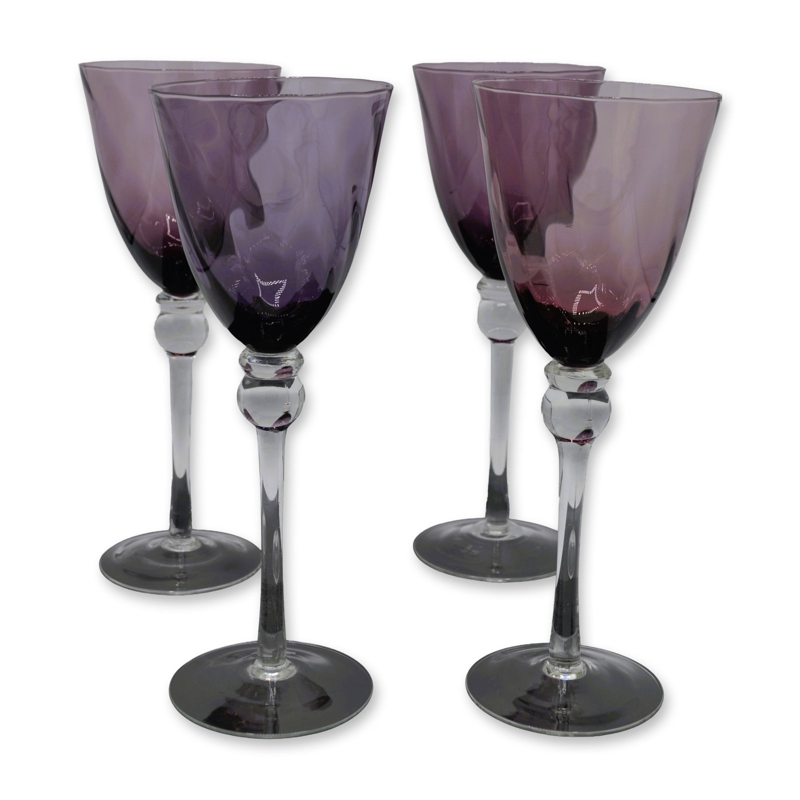 4Pc Royal Albert Lavender Bowl, Clear Ball Stem, Mouth Blown Water Goblets, 8.75"H: 4Pc Royal Albert Lavender Bowl, Clear Ball Stem, Mouth Blown Water Goblets, 8.75"H. Old Country Roses Formal by Royal Albert. A Four (4) Piece Retired Set, mouth blown introduced in 2002 and retired i