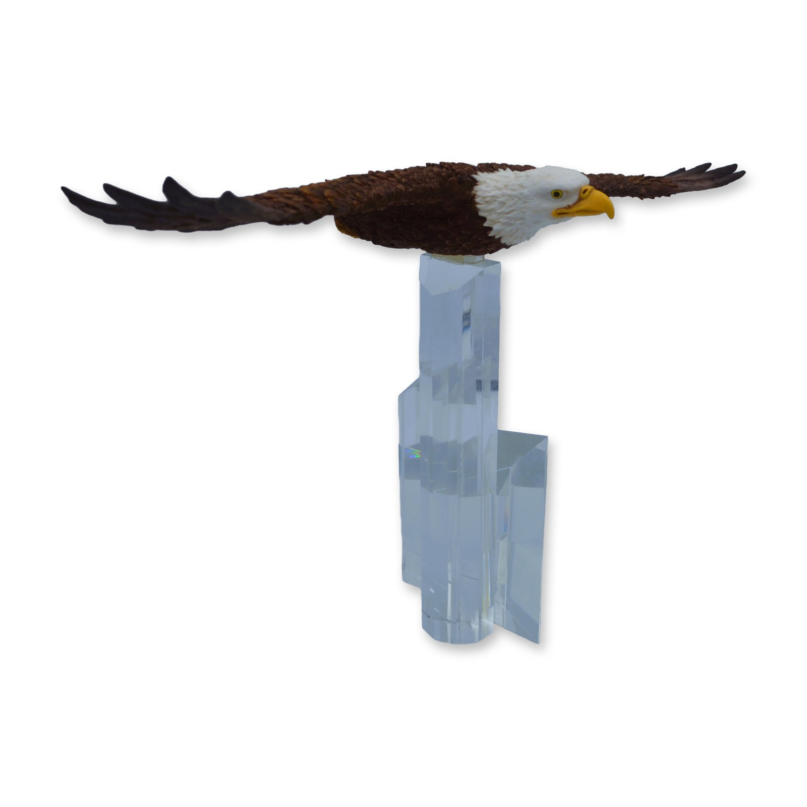 Eagles Club American Bald Eagle Sculpture W/Crystal Pedestal, 9"H, Vintage: Hand created, hand painted, featuring "The American Bald Eagle." Beautifully posed, with wings outstretched, soaring high, featured on a Crystal Pedestal, overall stands 9"H. Great creative style, for