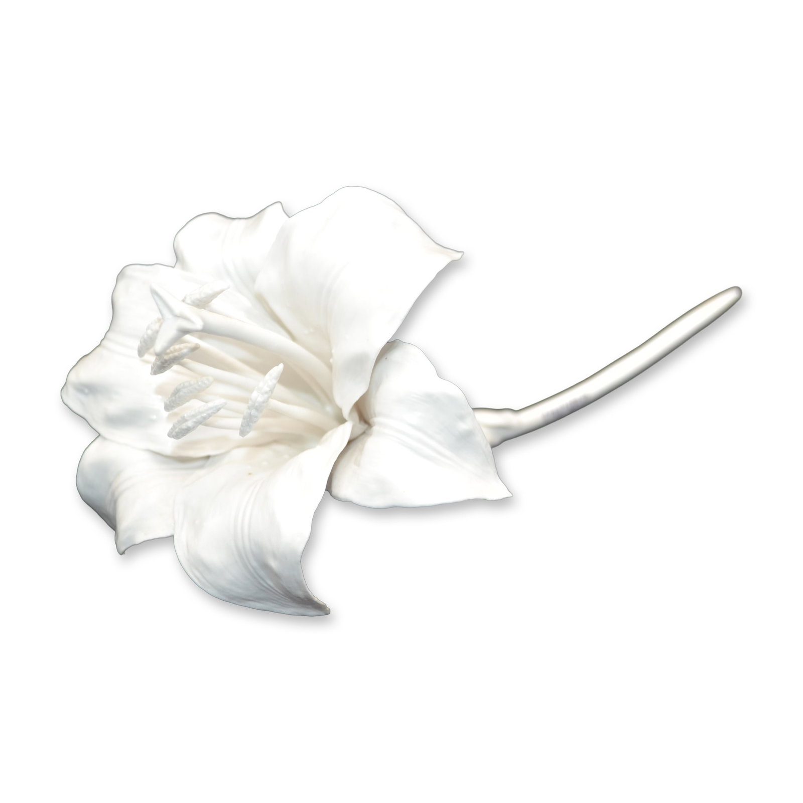Connoisseur Porcelain Lily In White On Long Stem Prototype Model AP: Fine Bone China, Decorated, hand created, hand painted by the Artists of Connoisseur in England, depicting a single Lily in White with a long stem, an AP Prototype Model. Marks: AP, Connoisseur, 96, o