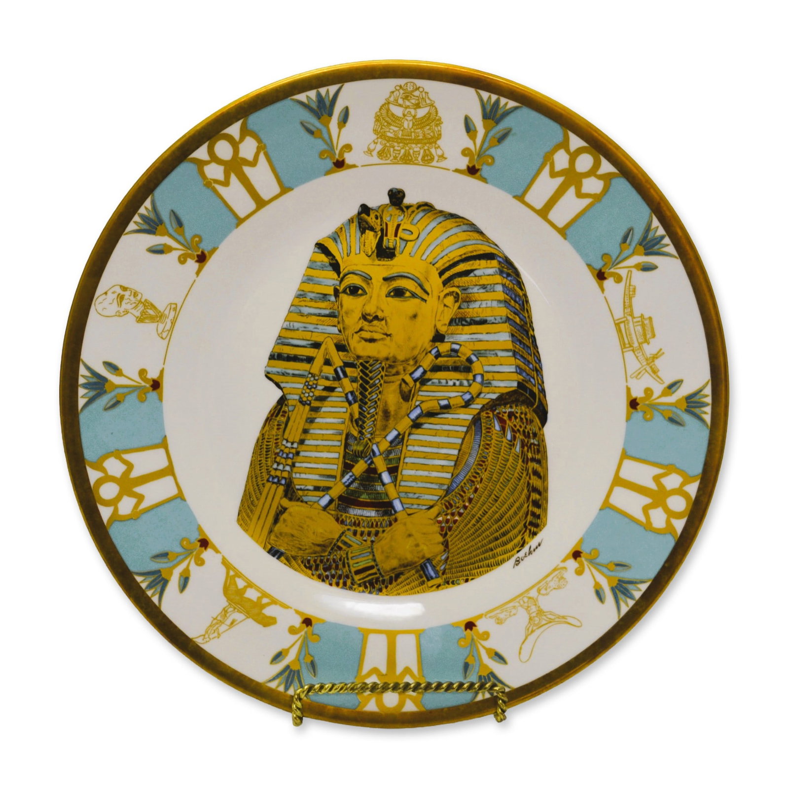 Boehm Porcelain The Treasures of Tutankhamun Plate, Egypt Salutes the USA Exhibition, 1976 -79: Glazed Fine Bone China, Decorated, hand created, hand painted by the E. M. Boehm Studios in England, this Porcelain Plate features the detailed image of King Tut, center, in multi-colors with gold acc