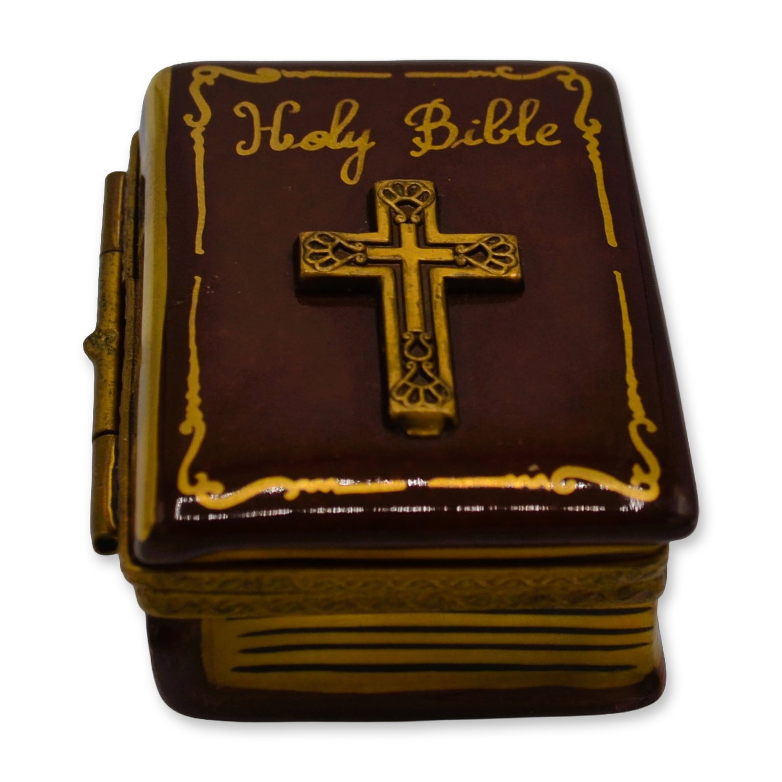 Rochard Limoges Porcelain Holy Bible & Angel Trinket Box, Peint Main, France, Vintage: Glazed Porcelain Decorated Rochard Limoges Porcelain Holy Bible and Angel Trinket Box, Hinged with clasp. Script signed in Gold "Holy Bible" on the front cover, with Cross and a Cover in a chocolate b