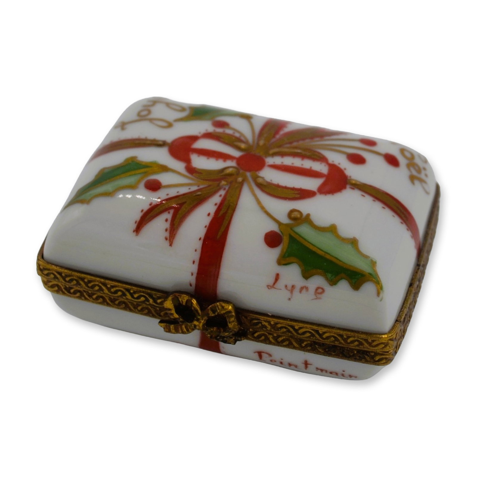 Limoges Porcelain Noel Box W/Red Bow, Peint Main, France: Glazed Porcelain Decorated Noel Holiday Box with Red Bow and Holly, Signed Limoges, France. Featuring a Joyful Holiday Theme, with White Background, a Red Ribbon and Bow, Holly, Berries and applied Go