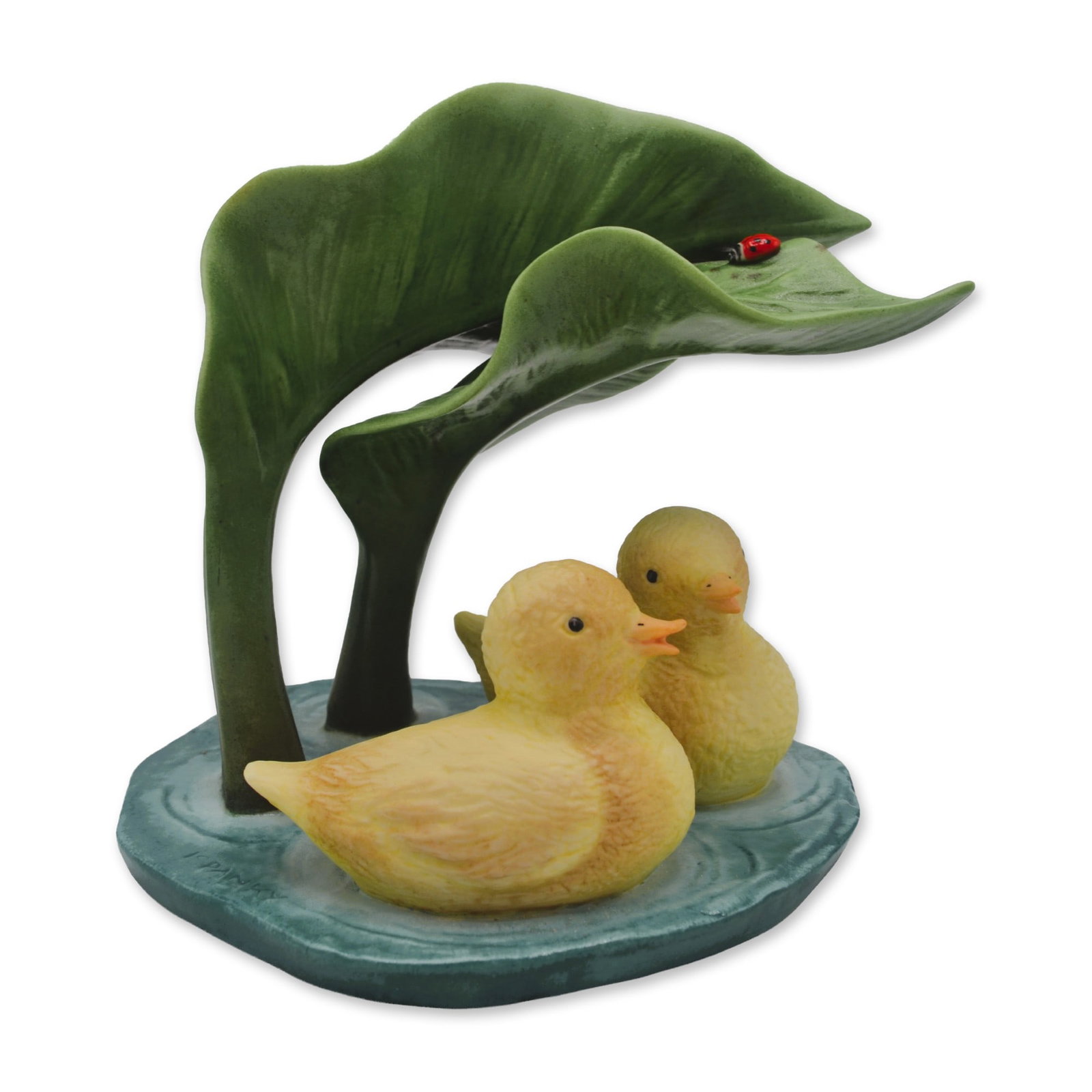 Laszlo Ispanky Porcelain Sculpture Feathered Friends Ducklings W/Ladybug, Vintage: Bisque Porcelain Decorated, hand created, hand painted by the celebrated artist Laszlo Ispanky featuring Feathered Friends Ducklings on a Pond with a visiting Ladybug on the foliage. Made in the USA. 