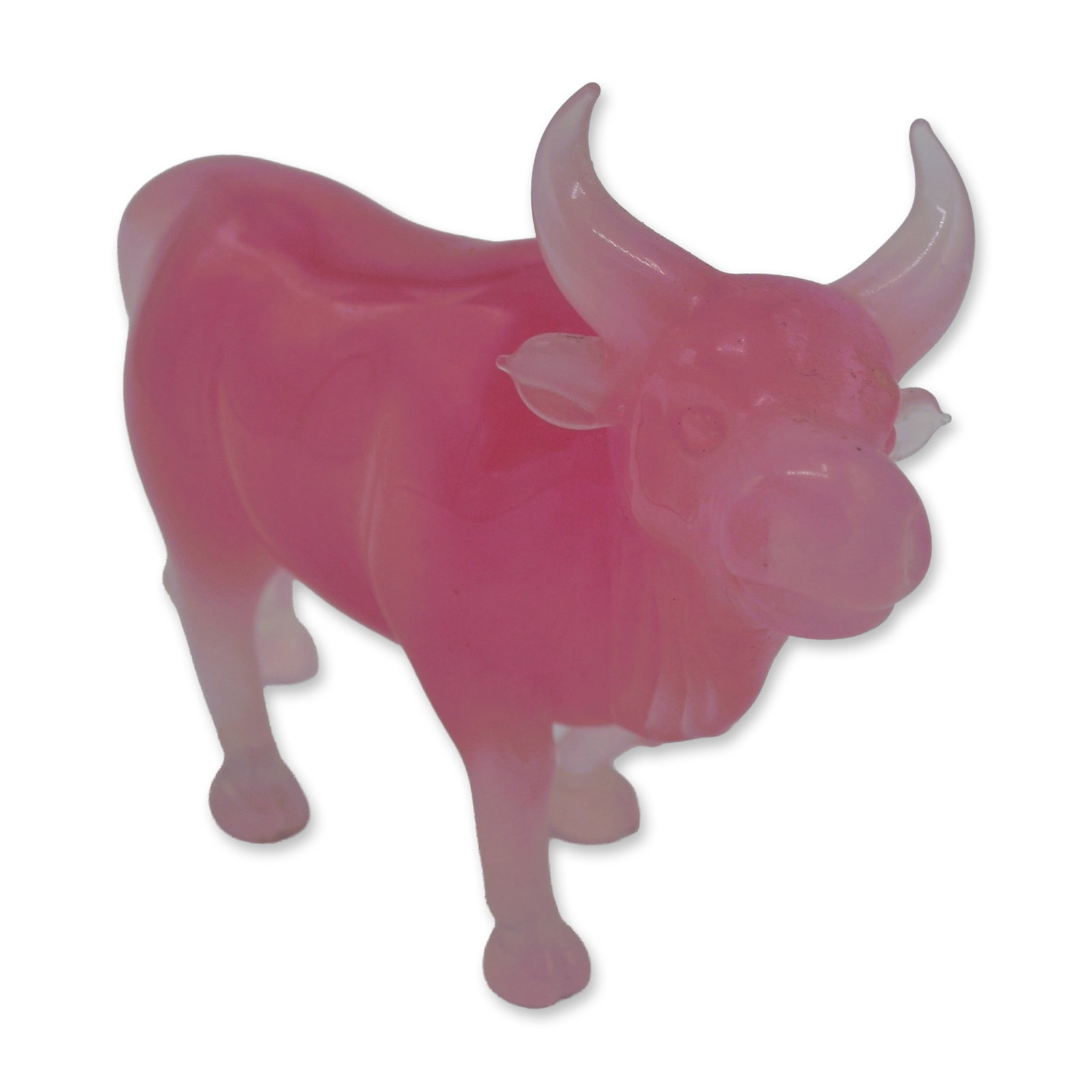 Rose Quartz Bull Sculpture, Hand Carved, Vintage, 20th C: Rose Quartz Bull Sculpture Statuette is a beautifully hand carved statue made from Natural Rose Quartz. The sculpture's size of 4.5"L x 1.5"W x 3.25"H makes it a striking addition to any crystal, mine