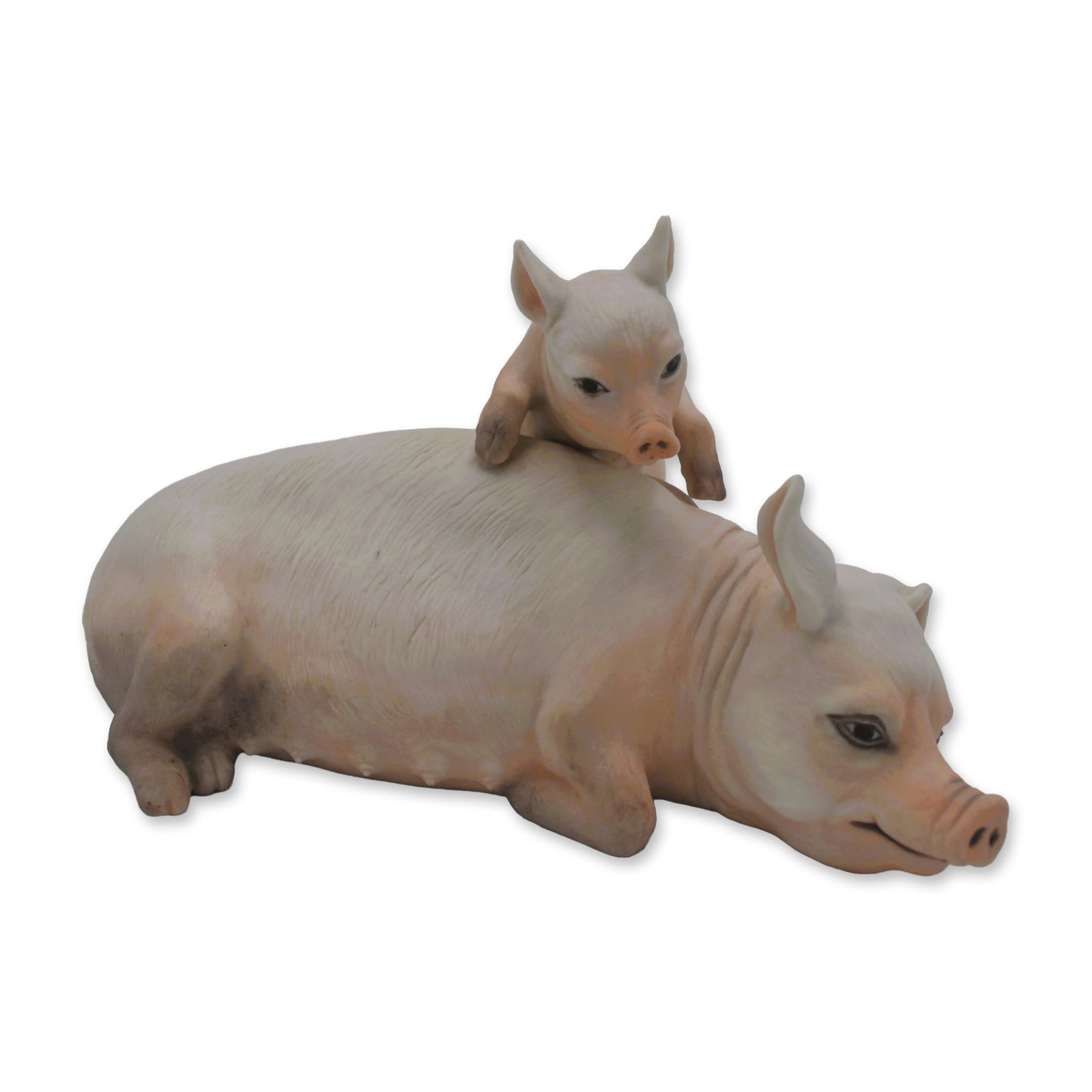 Boehm Porcelain Sow and Piglet Sculpture, 1980: Bisque Porcelain Decorated, hand created, hand painted by the Artists of the Boehm Studios in Trenton, New Jersey, USA. Featuring the Sow and Piglet. Introduced in 1980. A closed edition that sold out