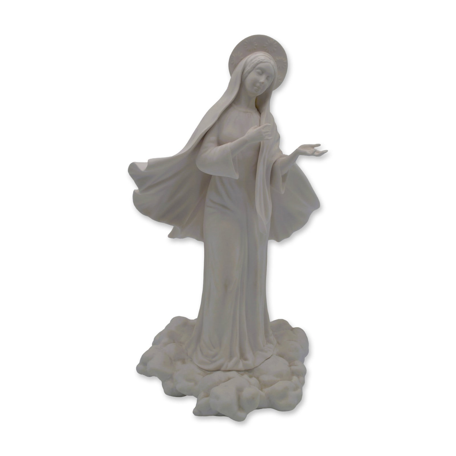 Boehm Porcelain Figurine Queen of Peace "Medjugorje," 1989: Bisque Porcelain, White, hand created by the Artists of the Boehm Studios in Trenton, NJ, USA. Introduced in 1989, The Queen of Peace, "Medjugorje" stands 13"H, with Halo, she is surrounded by the clo