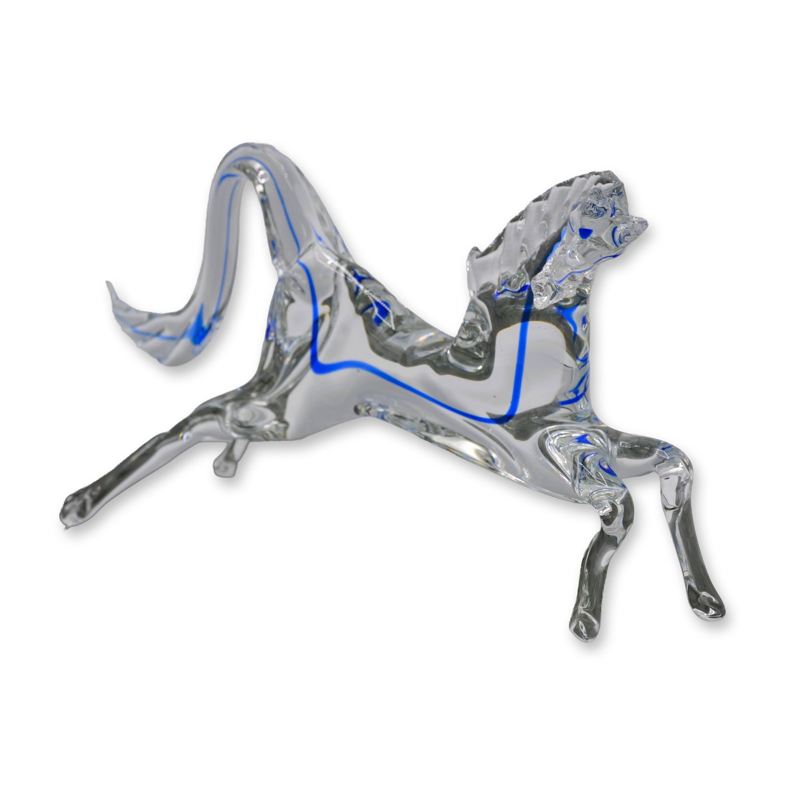 Murano Art Glass Horse, Clear And Blue Sculpture, 1970: Mouth Blown by the Artisans of Murano Glass in Murano, Italy. Individually crafted by the finest of skilled artisans, with superior excellence of craftsmanship. Featuring the Horse in Action, Clear wi