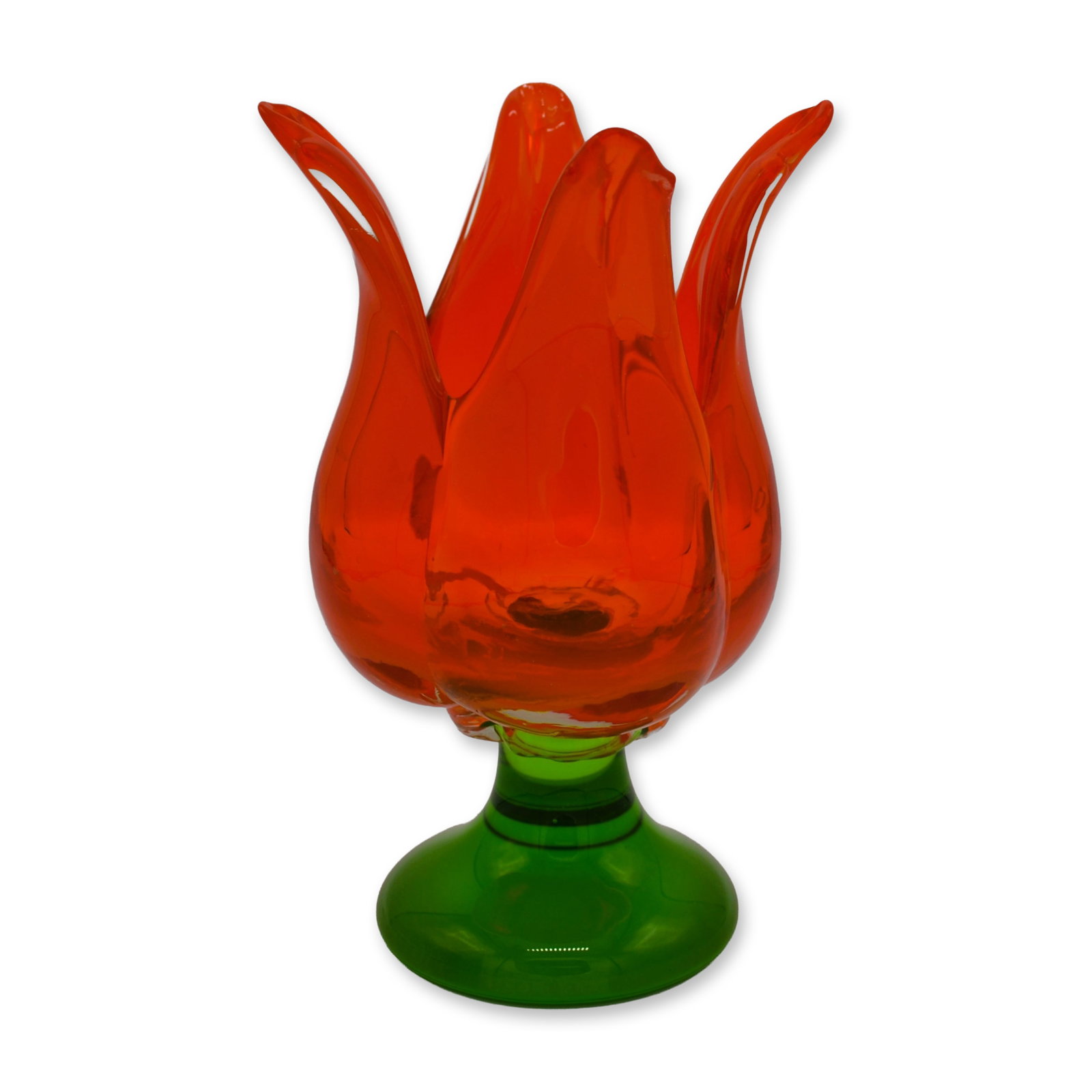 Bird Brain Art Glass Hand Blown Glass Tulip Vase, Orange W/Green Base: Individually Hand Blown Art Glass Tulip Vase by Bird Brain Studio Artists, issued in 2003, designed to enhance your Home & Gardens. This Hand-Blown Orange Colored Glass Tulip Vase sits atop a Green Co