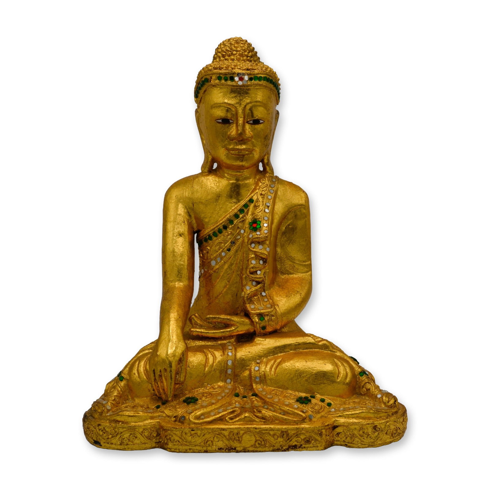 Garden Buddha, Meditating, Wood Carved W/Gold Gilt, Vintage: Meditating Garden Buddha. A traditional study of the "god of eternal enlightment" as depicted by the artisans in Thailand. The serene figure, seated in the double-lotus position, emanates compassion. 