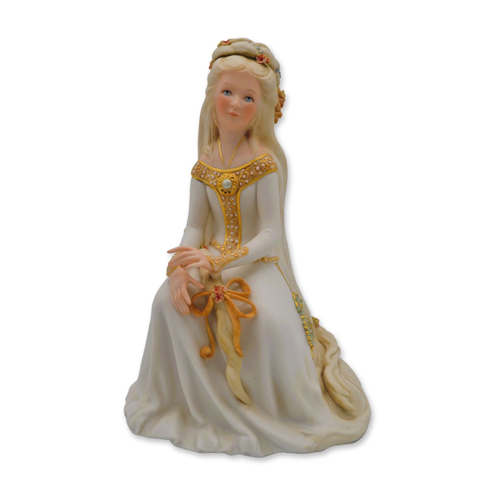 Cybis Porcelain LE, Rapunzel In Apricot Figurine, 1975: Bisque Porcelain Decorated, hand created, hand painted by the Artisans of the Cybis Studios in Trenton, NJ, USA. Featuring the Figurine Sculpture of "Rapunzel" in Apricot from The Children to Cherish 